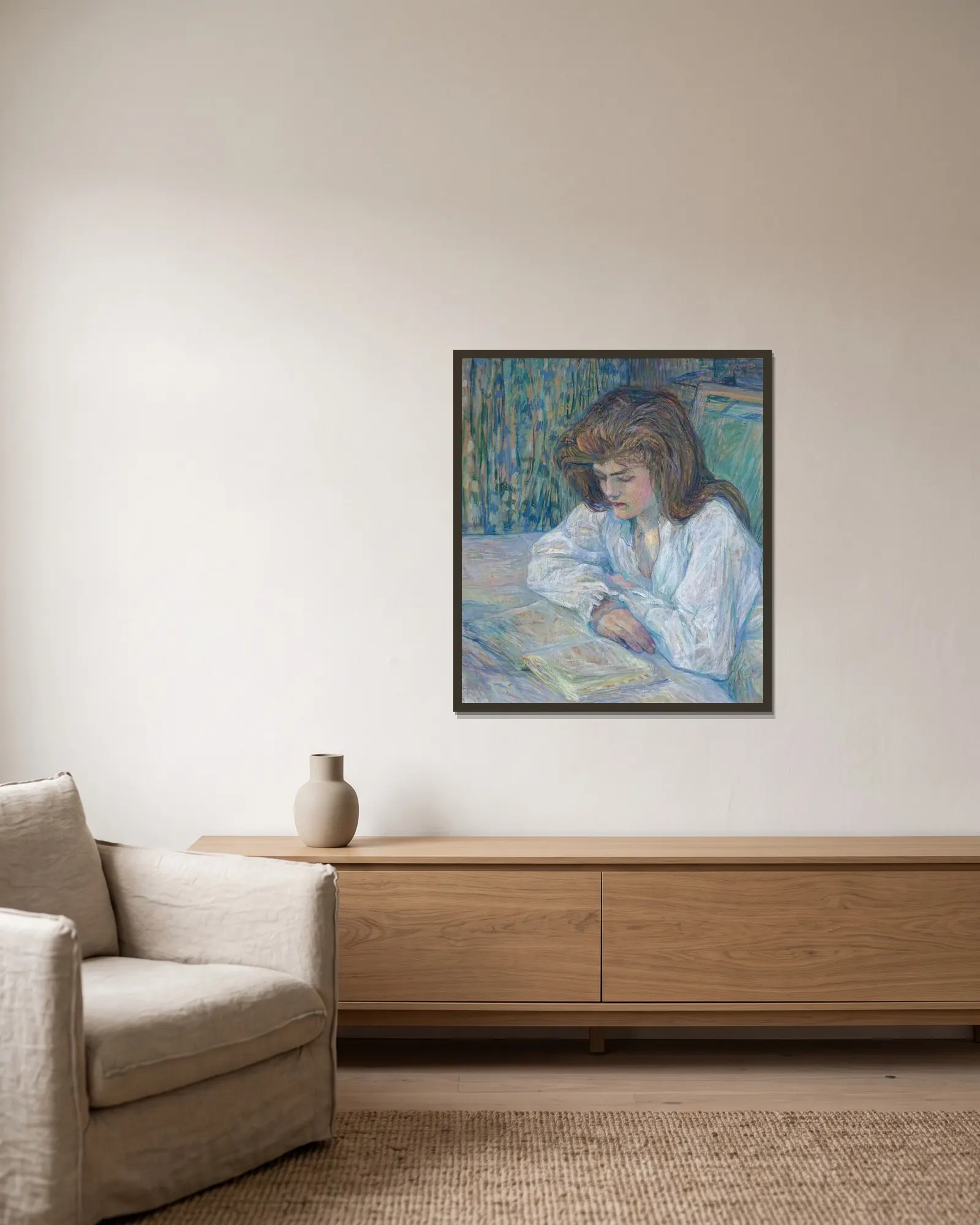 La Liseuse av Henri de Toulouse-Lautrec inramad på en vägg
