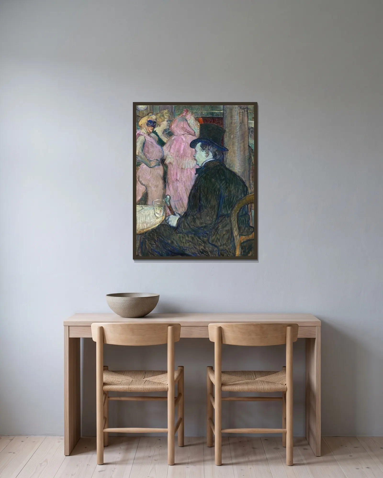 Maxime Dethomas av Henri de Toulouse-Lautrec inramad på en vägg
