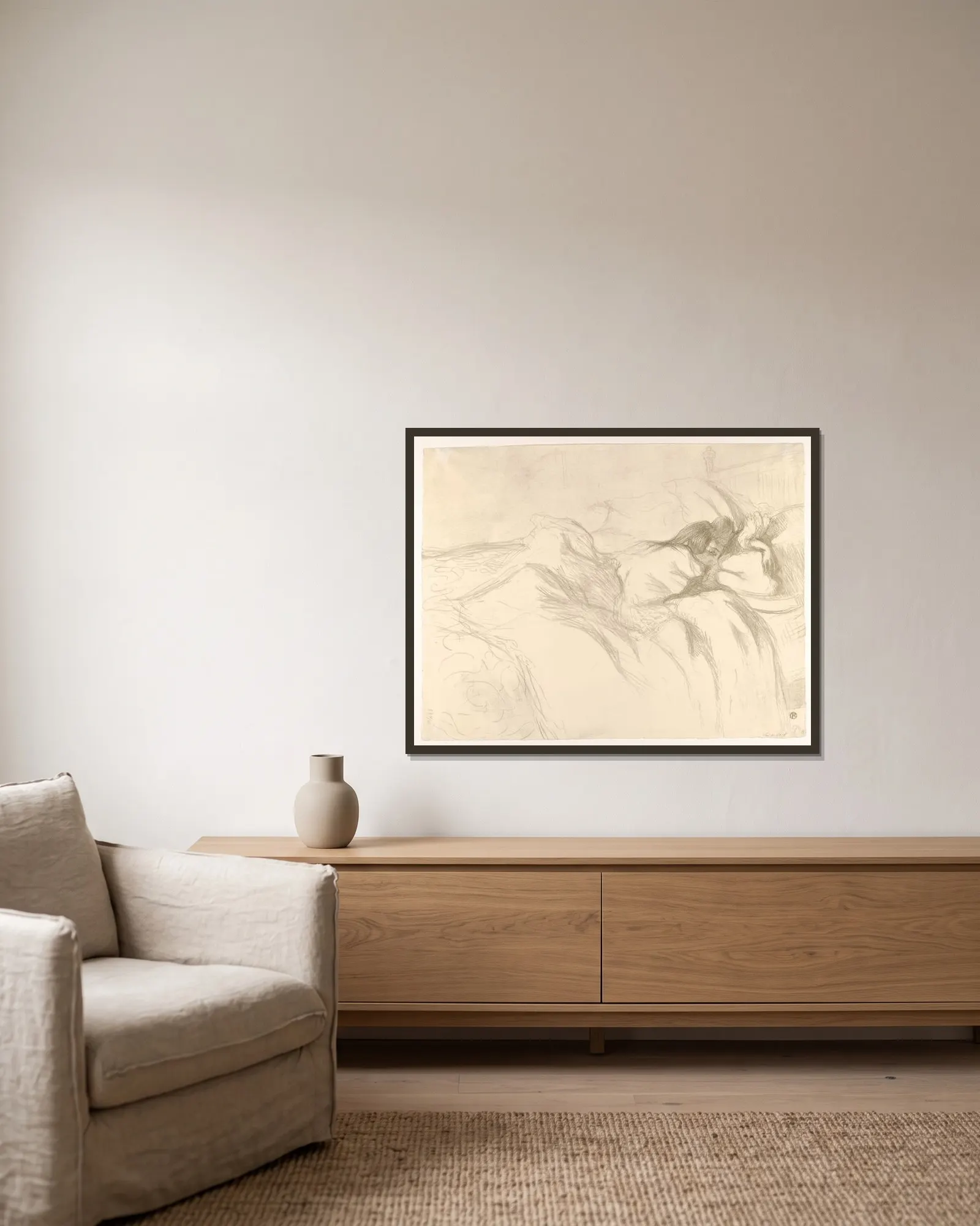Waking Up av Henri de Toulouse-Lautrec inramad på en vägg