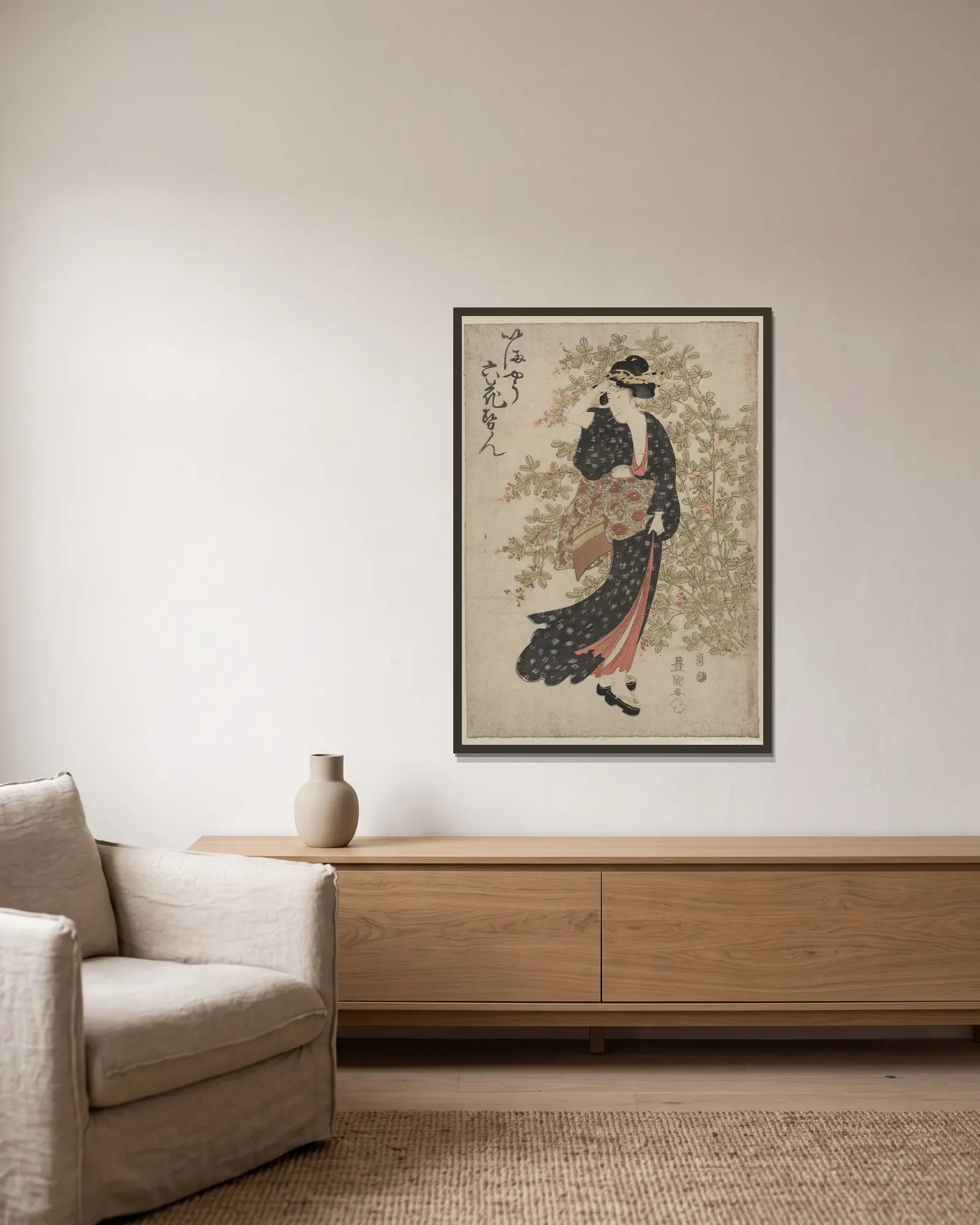 Hagi av Toyokuni Utagawa inramad på en vägg