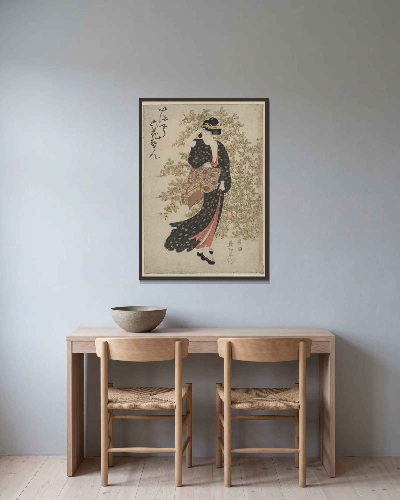 Hagi av Toyokuni Utagawa inramad på en vägg