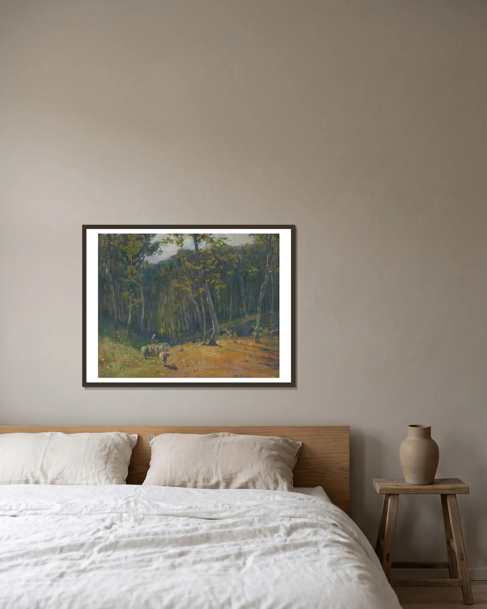 Forest with sheep av Ľudovít Čordák inramad på en vägg