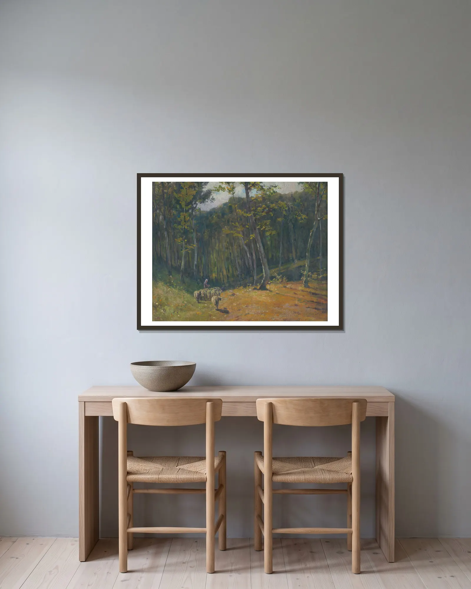 Forest with sheep av Ľudovít Čordák inramad på en vägg