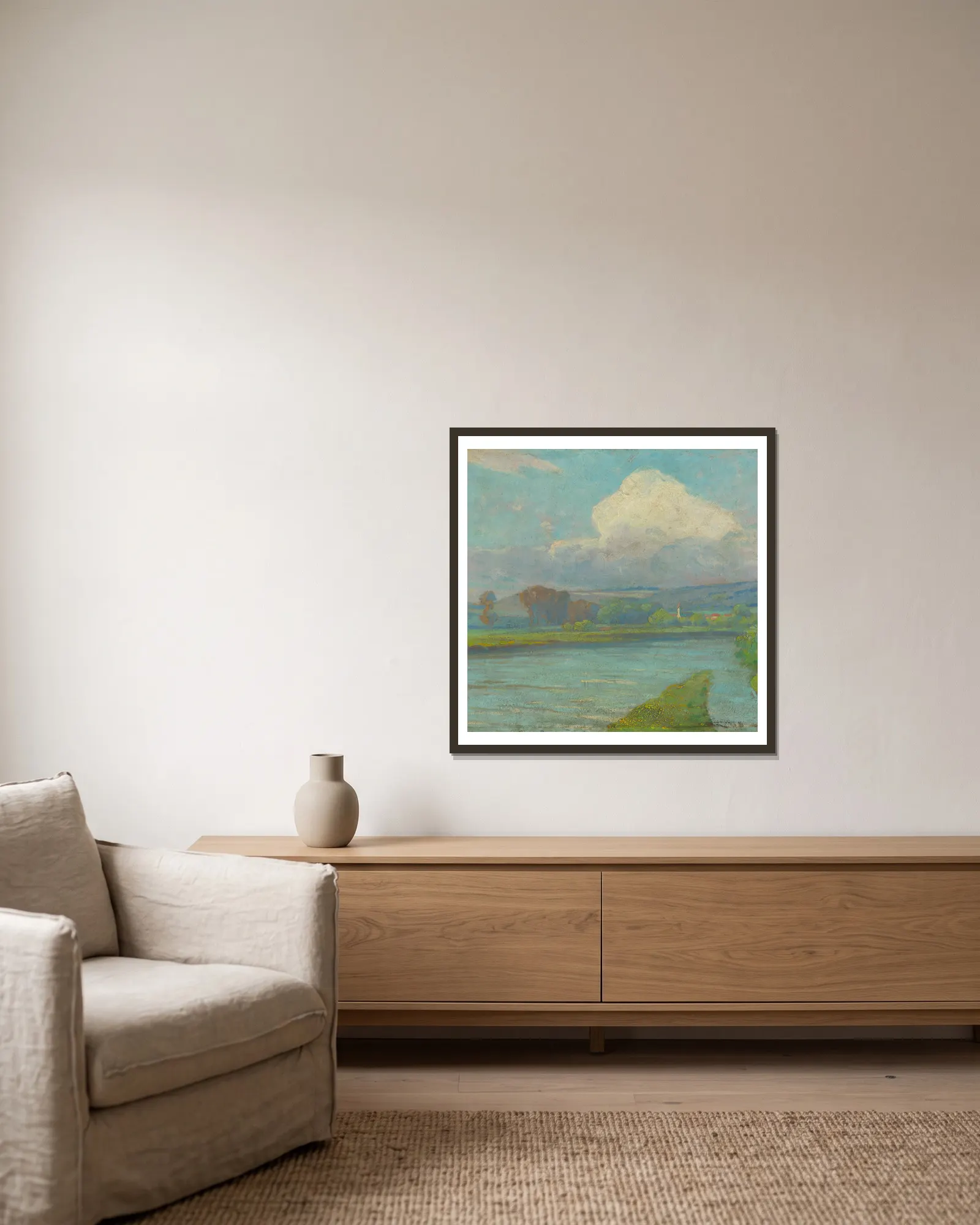 Landscape with river av Ľudovít Čordák inramad på en vägg