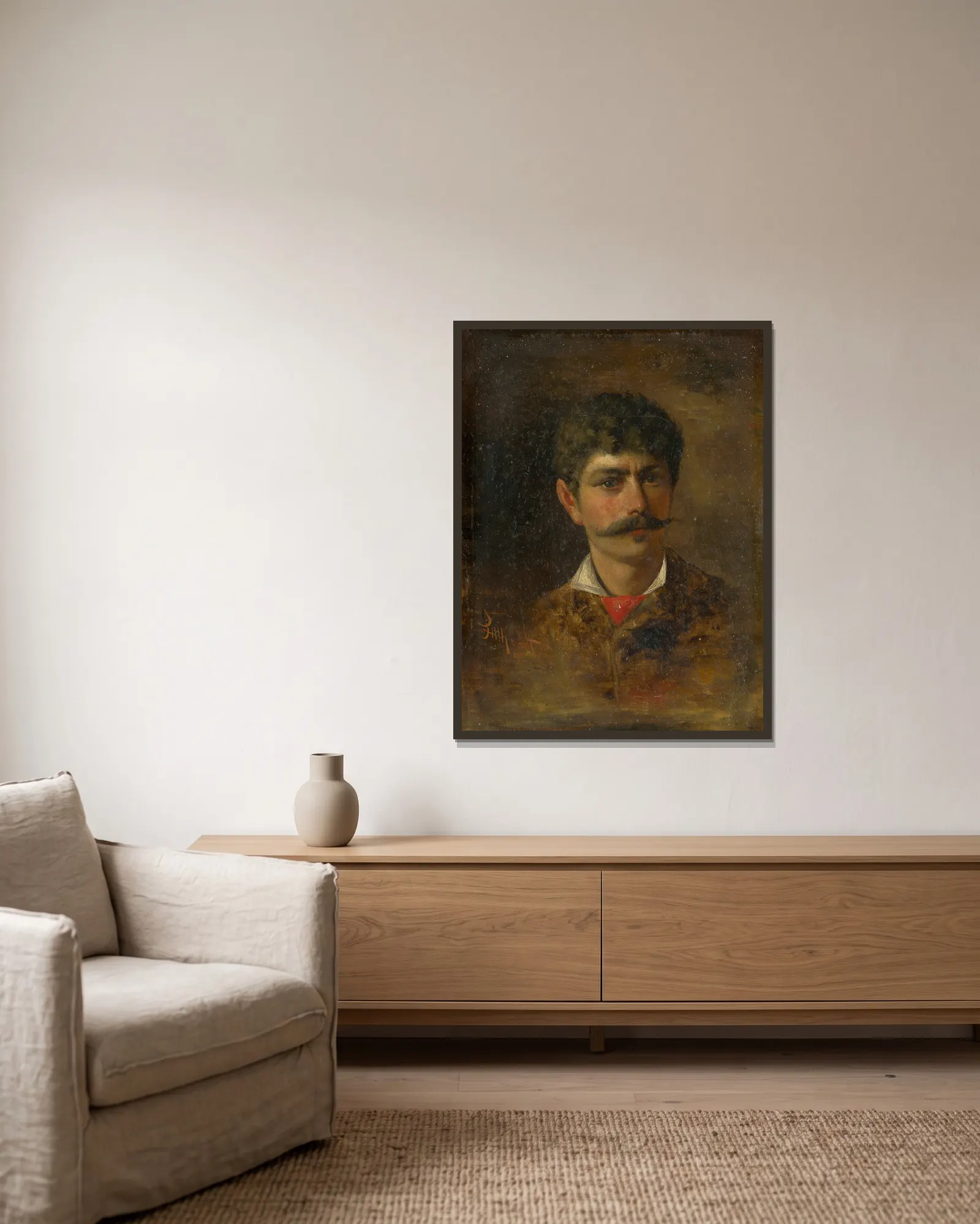 Man with Moustache av Ľudovít Pitthordt inramad på en vägg