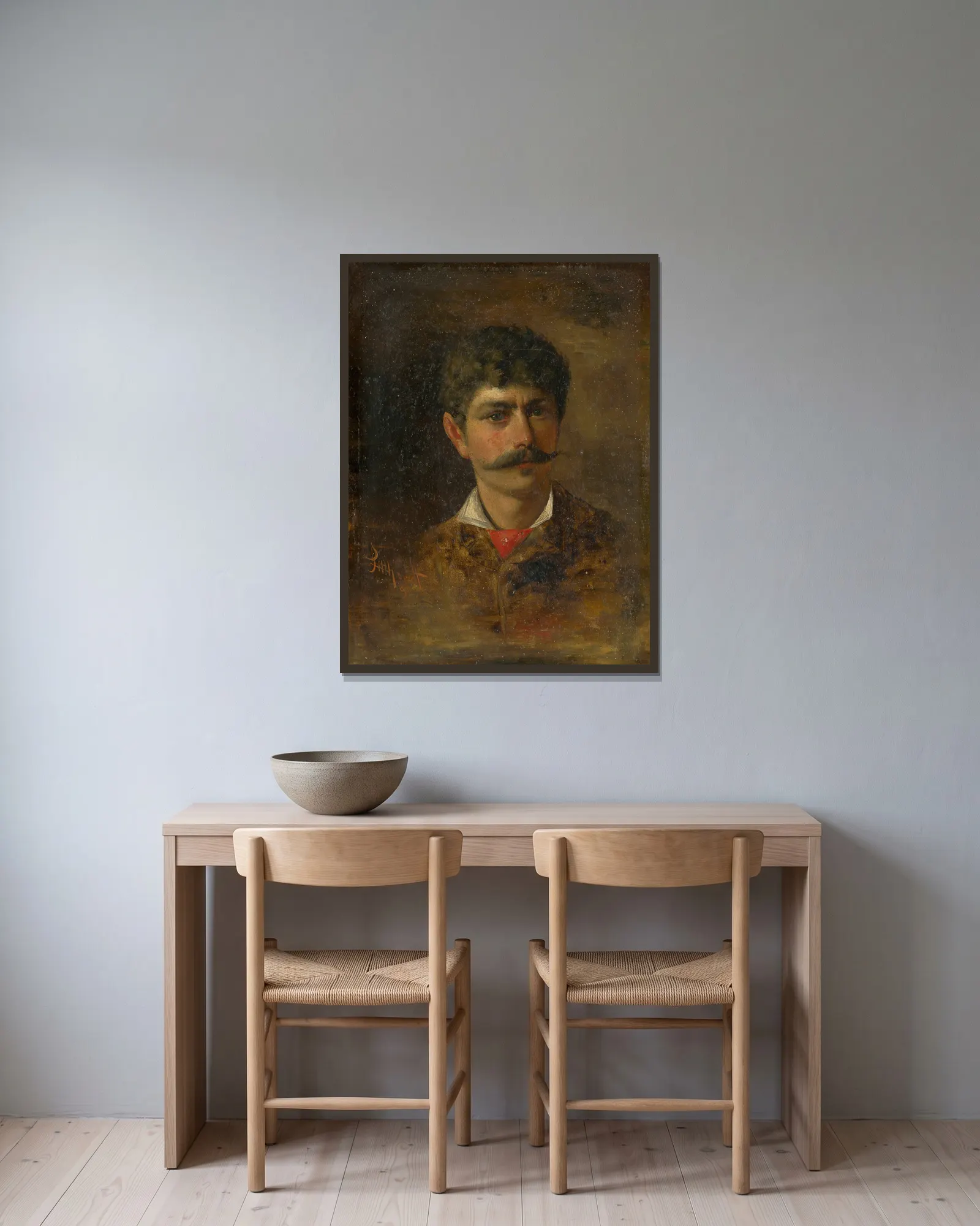 Man with Moustache av Ľudovít Pitthordt inramad på en vägg