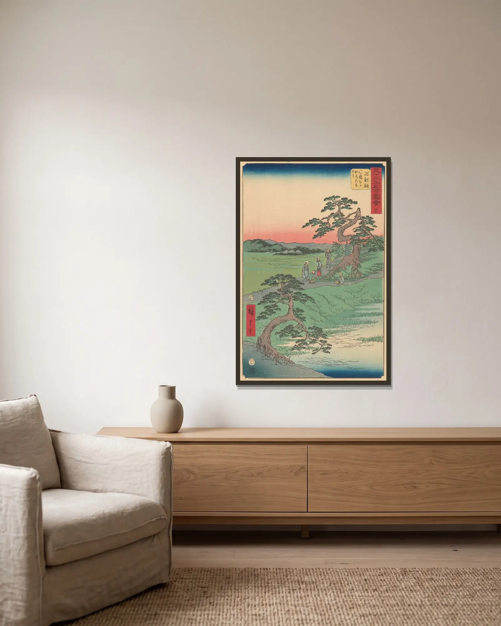 Chiriu, 1855 av Utagawa Hiroshige inramad på en vägg
