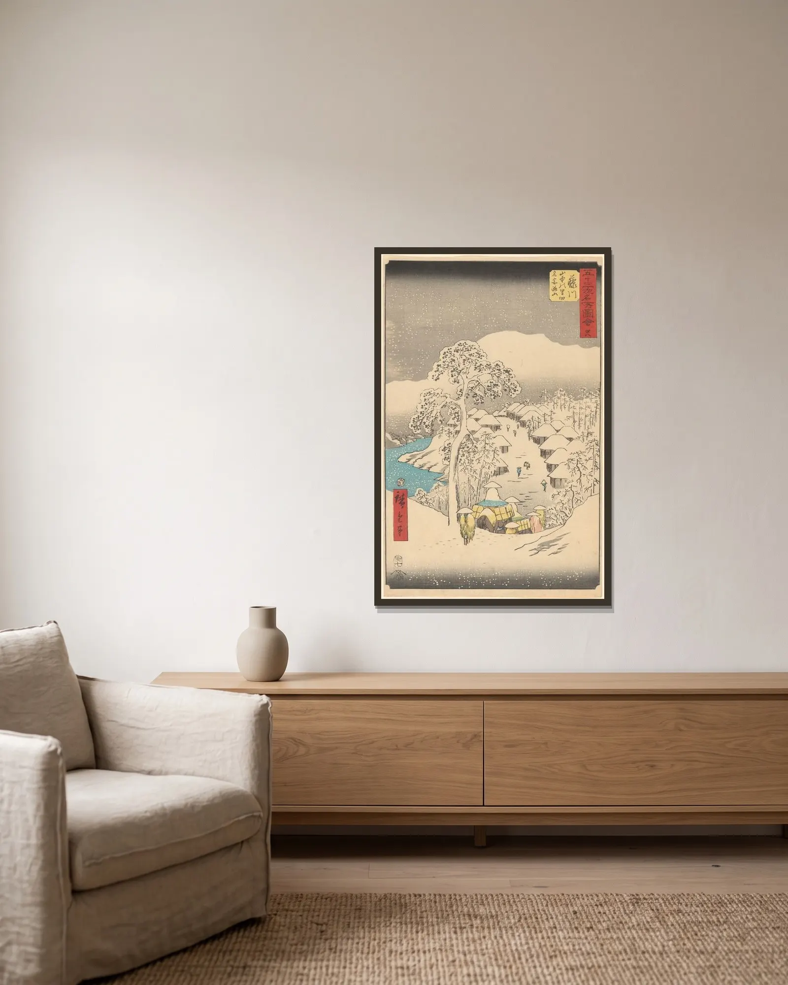 Fujikawa av Utagawa Hiroshige inramad på en vägg