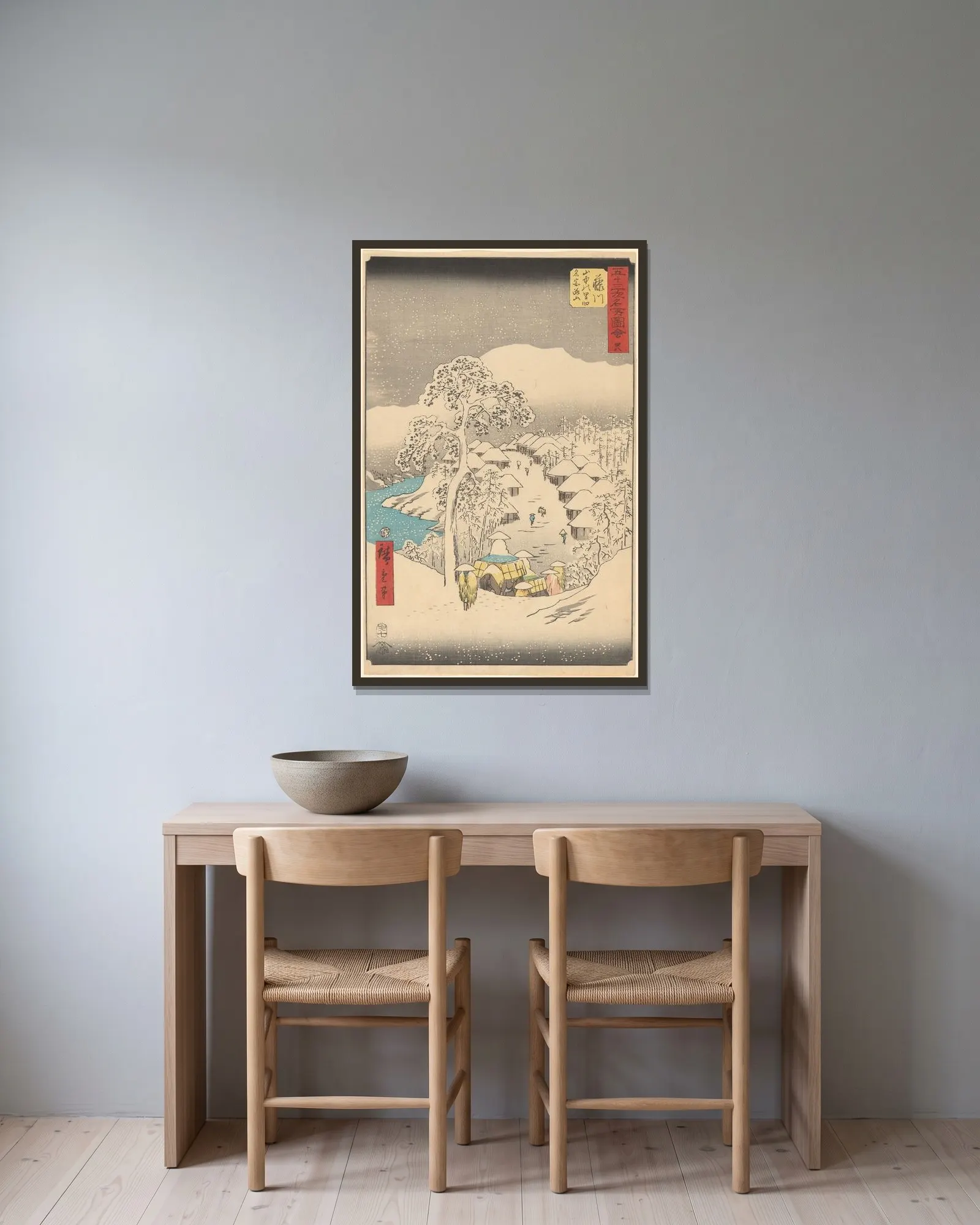Fujikawa av Utagawa Hiroshige inramad på en vägg