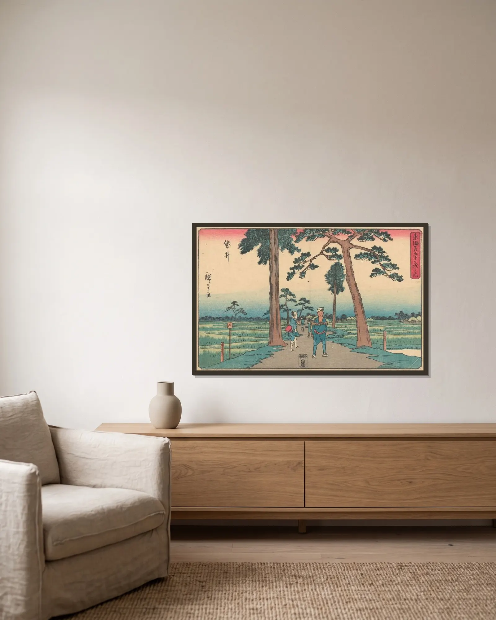 Fukuroi, 1841 av Utagawa Hiroshige inramad på en vägg