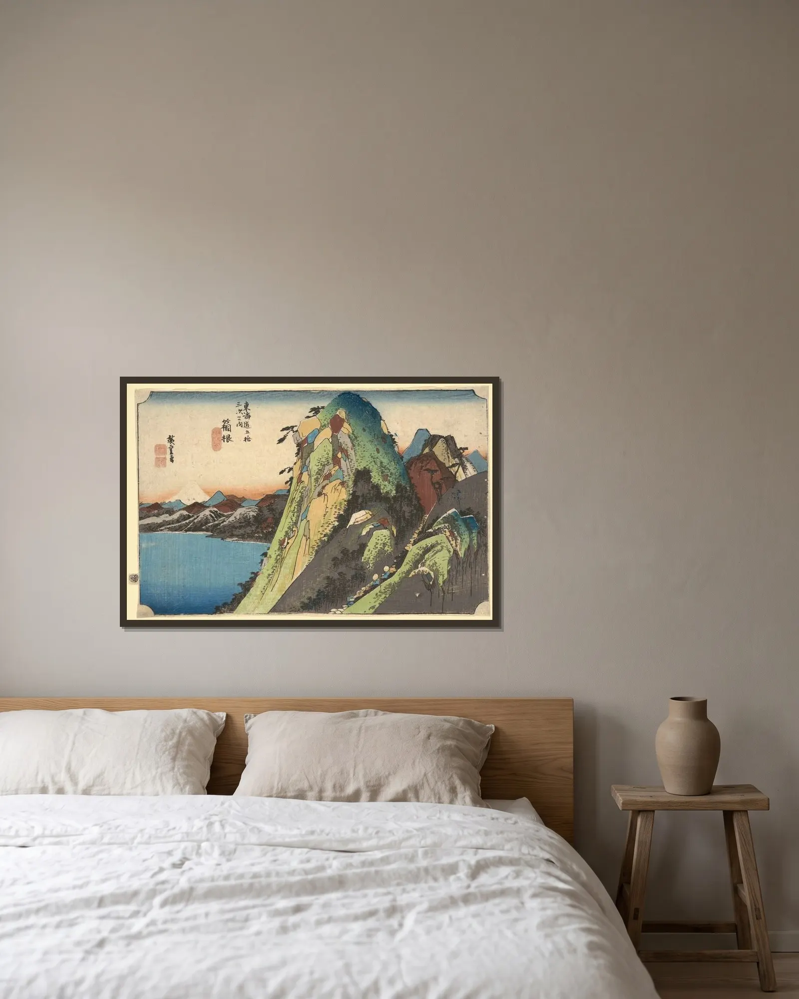 Hakone; The Lake (Kosui) av Utagawa Hiroshige inramad på en vägg