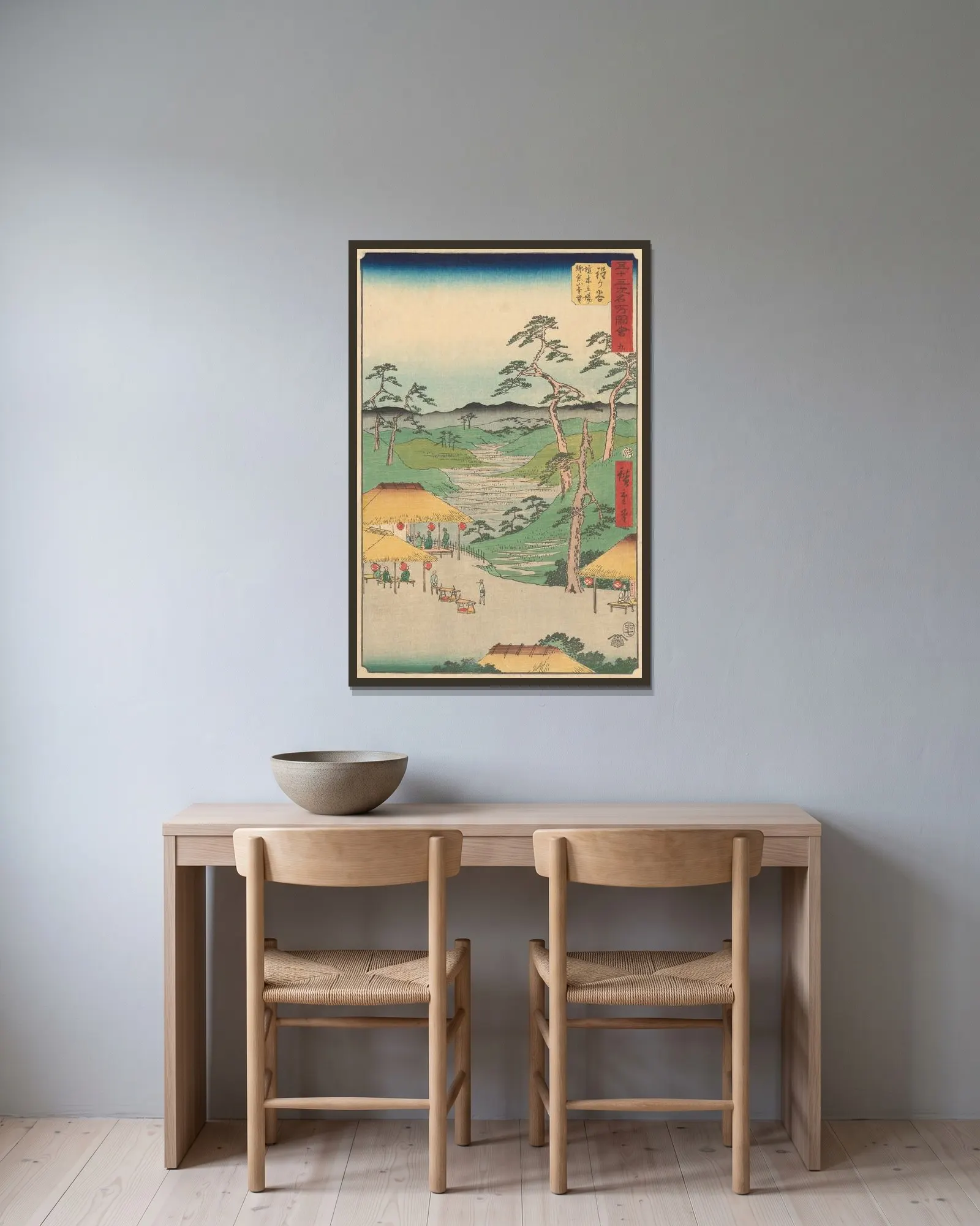 Hodogaya, 1855 av Utagawa Hiroshige inramad på en vägg