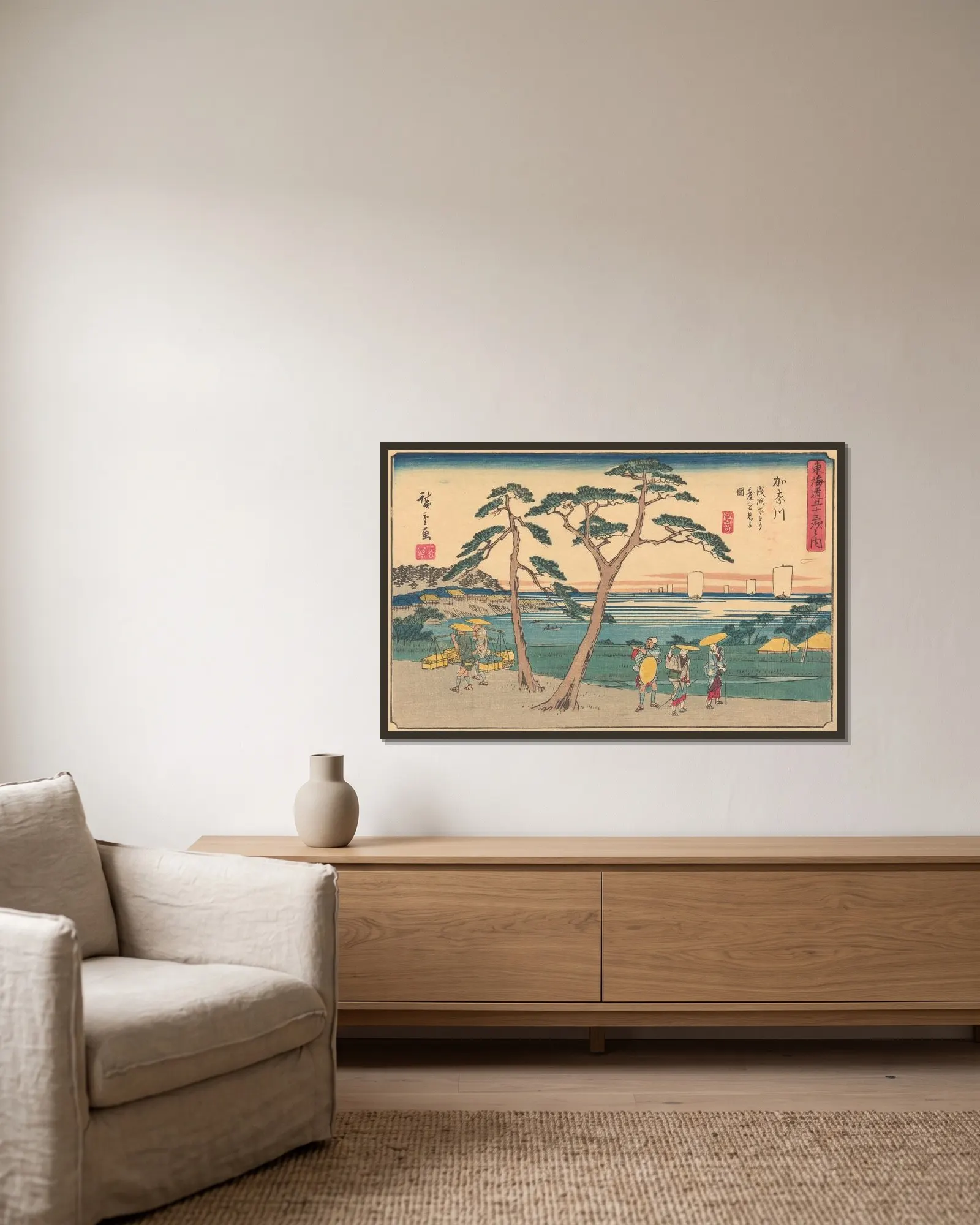 Kanagawa, 1841 av Utagawa Hiroshige inramad på en vägg