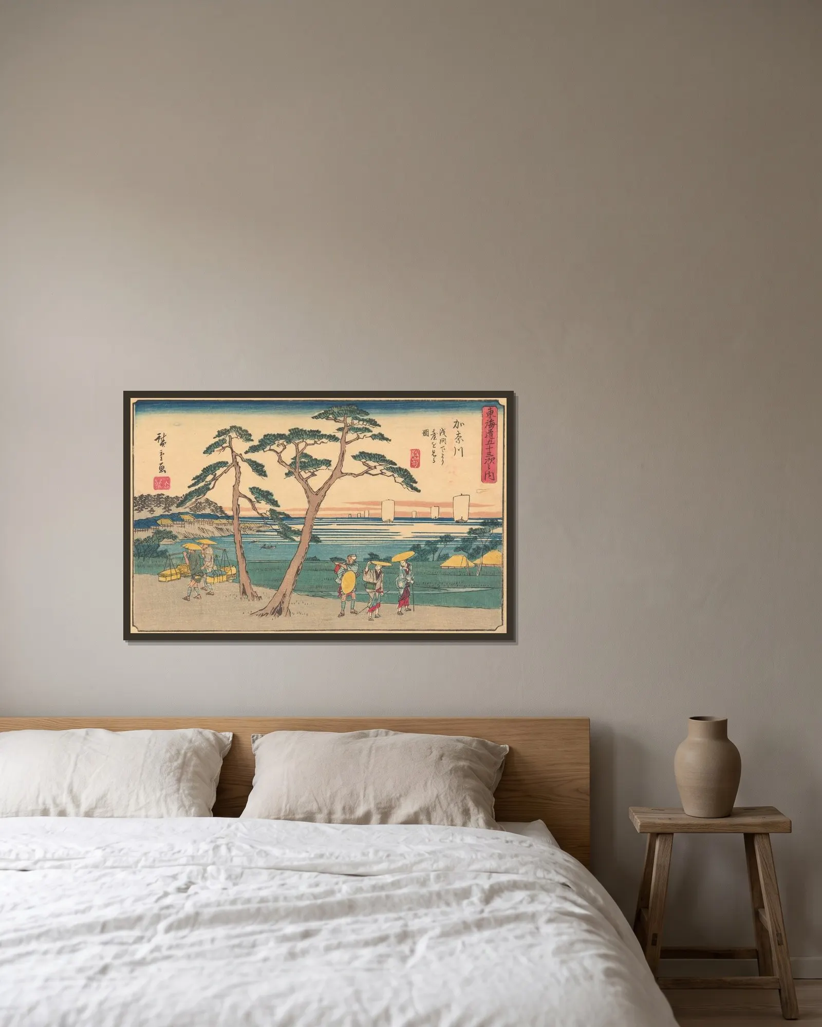 Kanagawa, 1841 av Utagawa Hiroshige inramad på en vägg