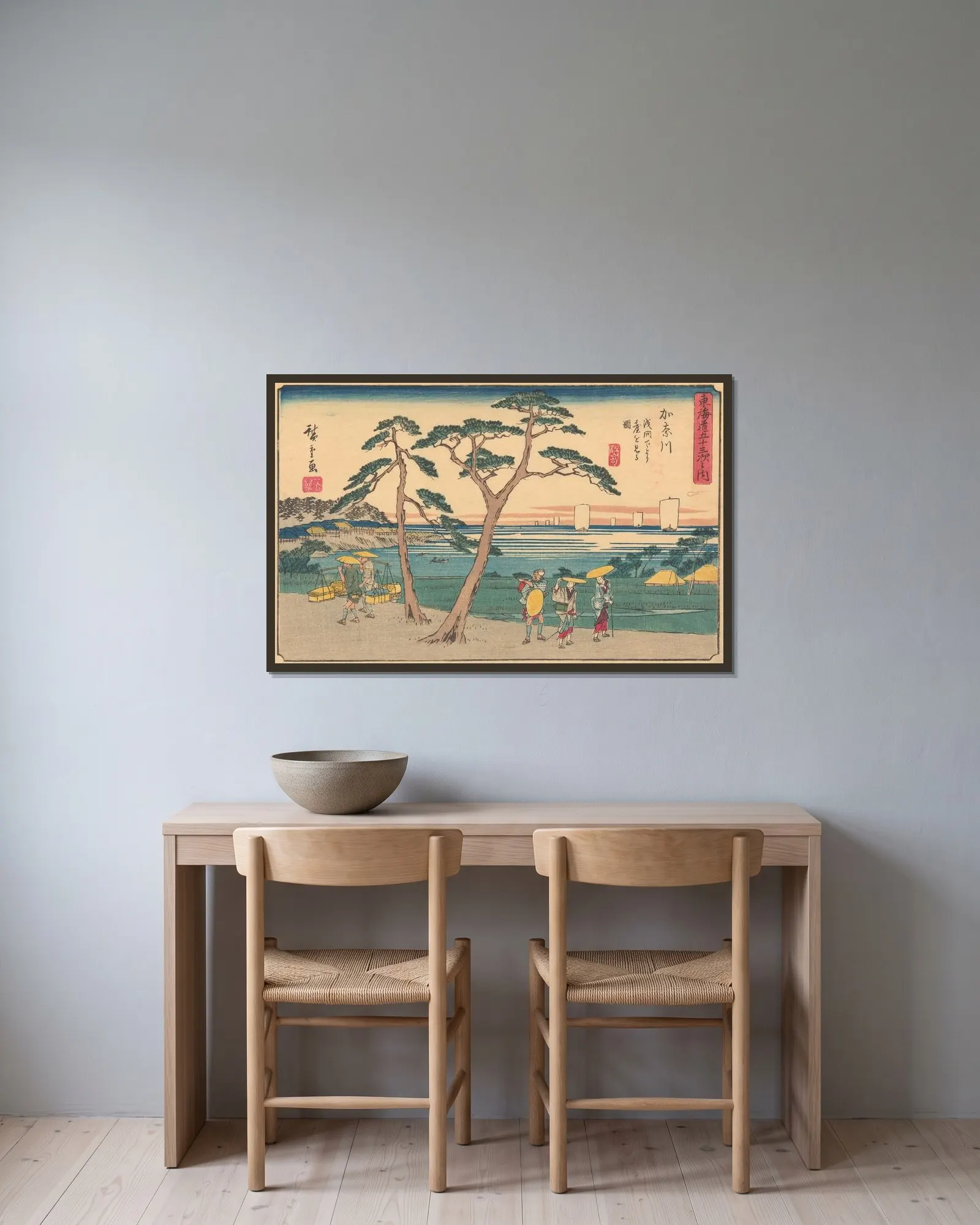 Kanagawa, 1841 av Utagawa Hiroshige inramad på en vägg