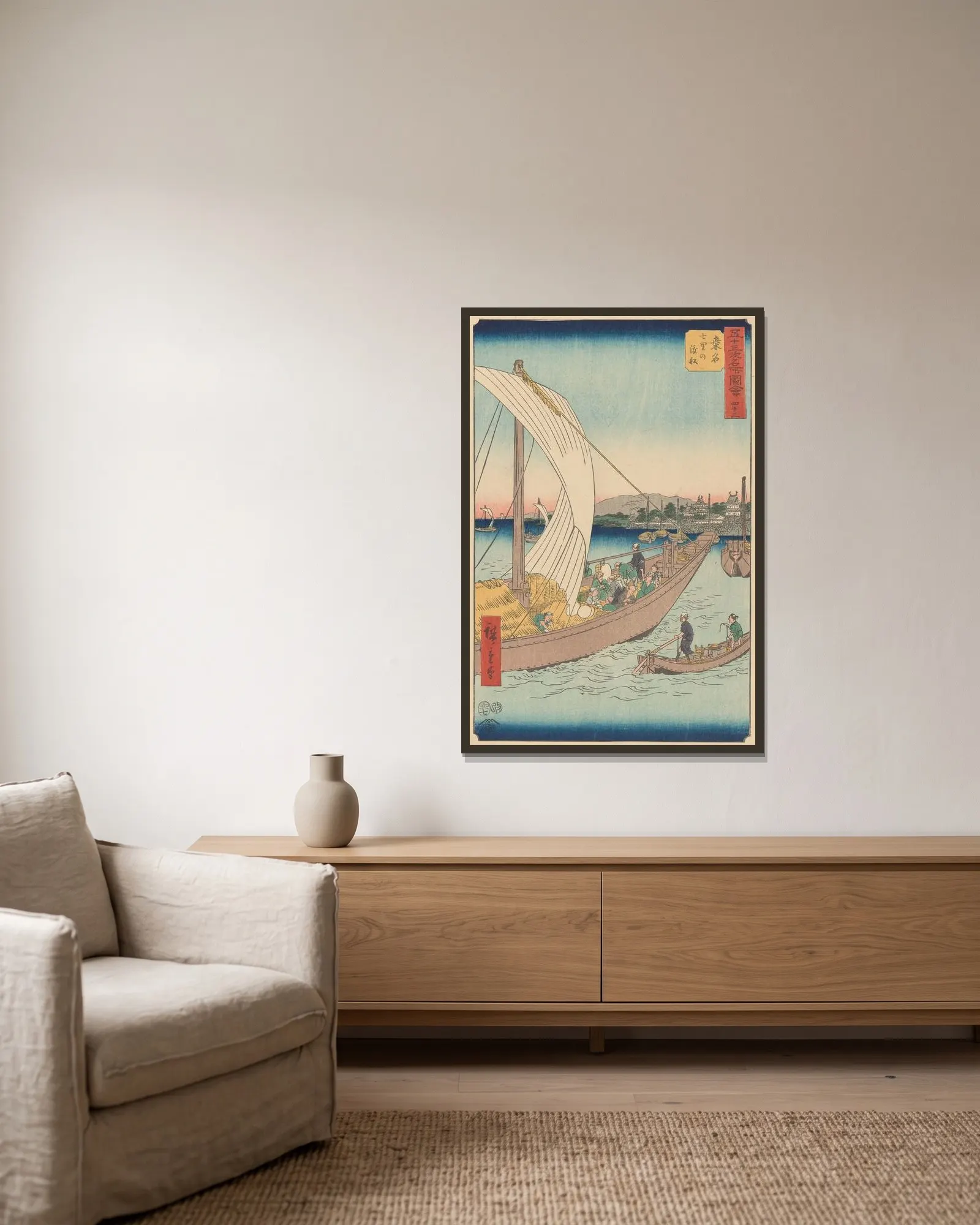 Kuwana av Utagawa Hiroshige inramad på en vägg