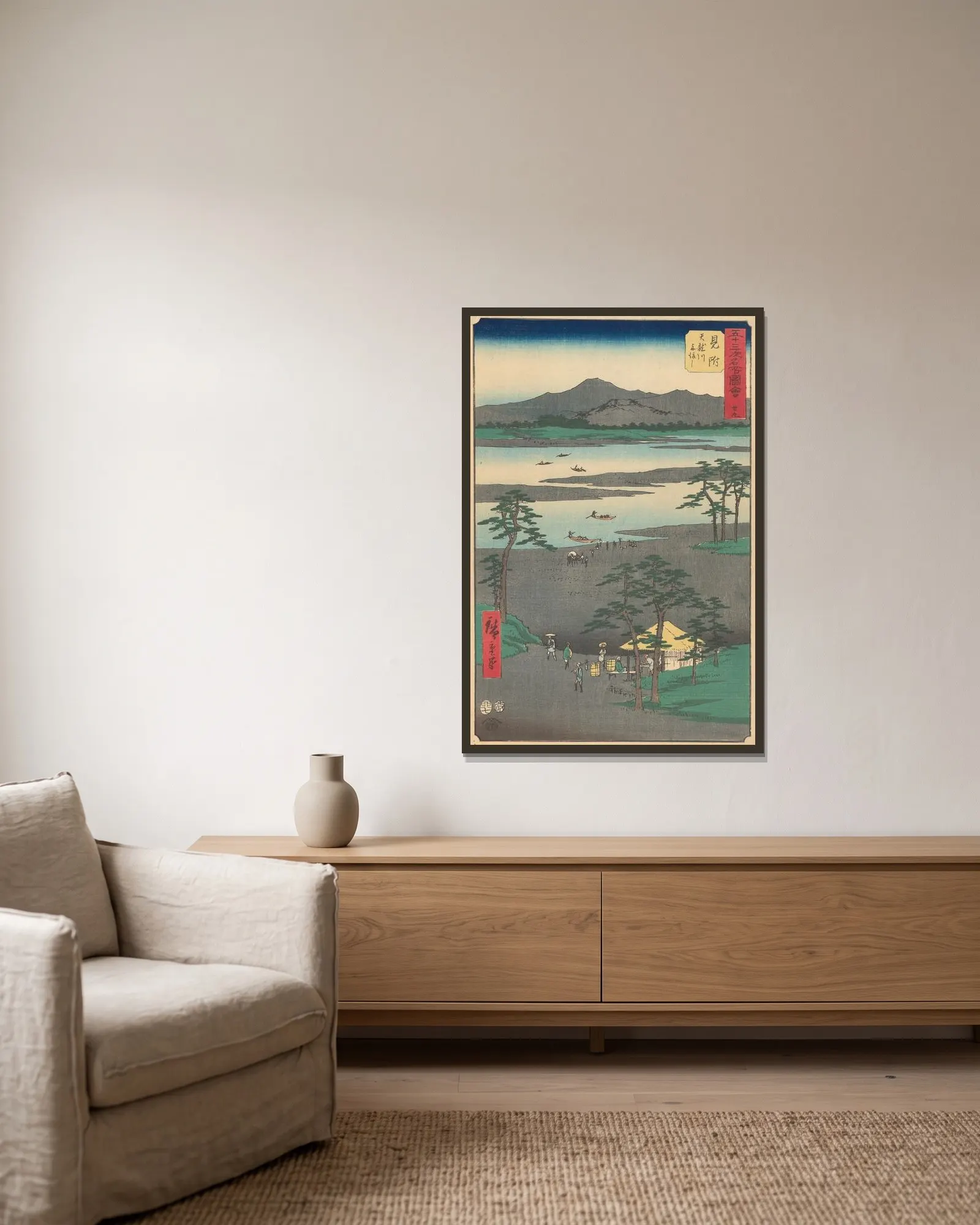 Mitsuke av Utagawa Hiroshige inramad på en vägg