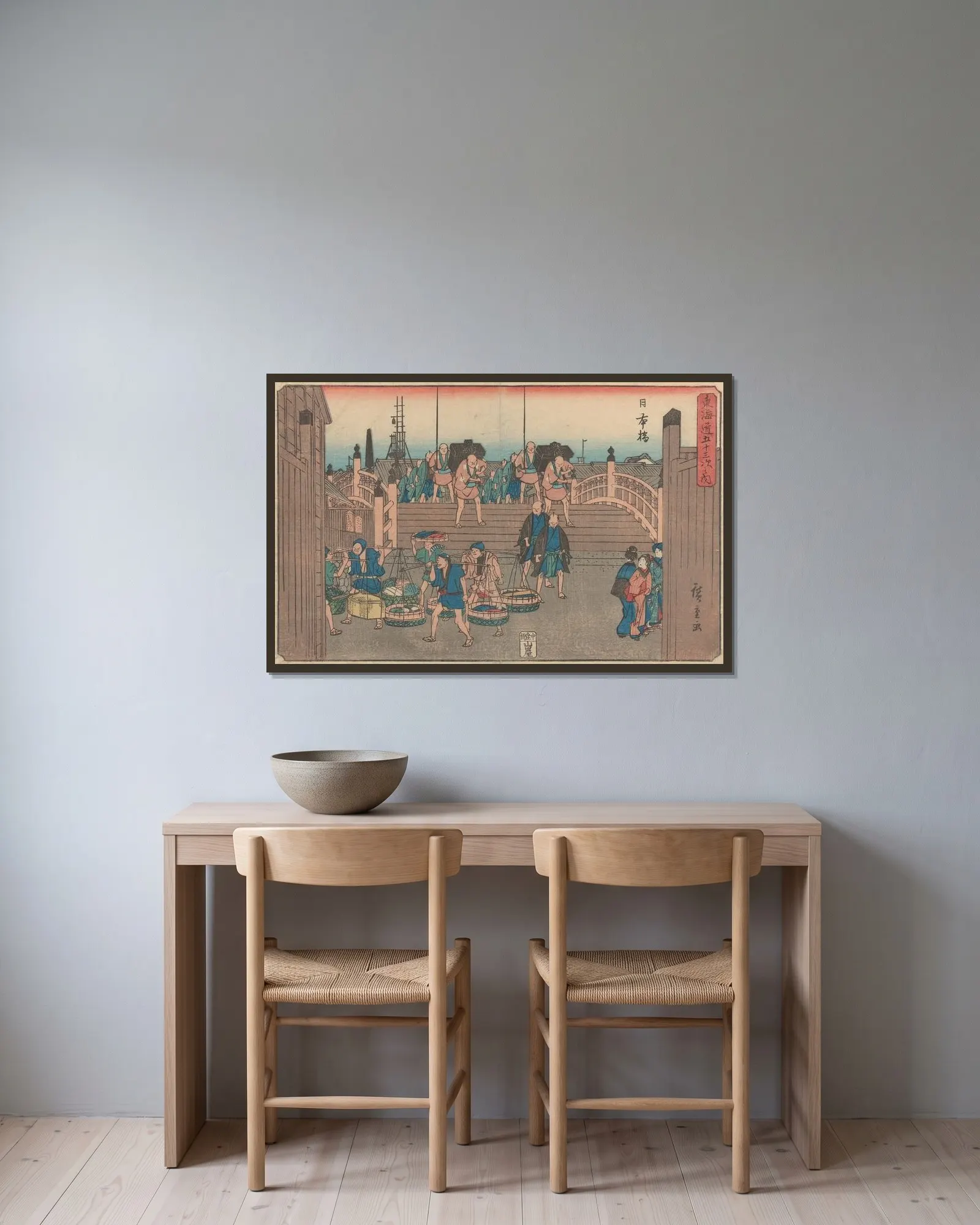 Nihonbashi av Utagawa Hiroshige inramad på en vägg