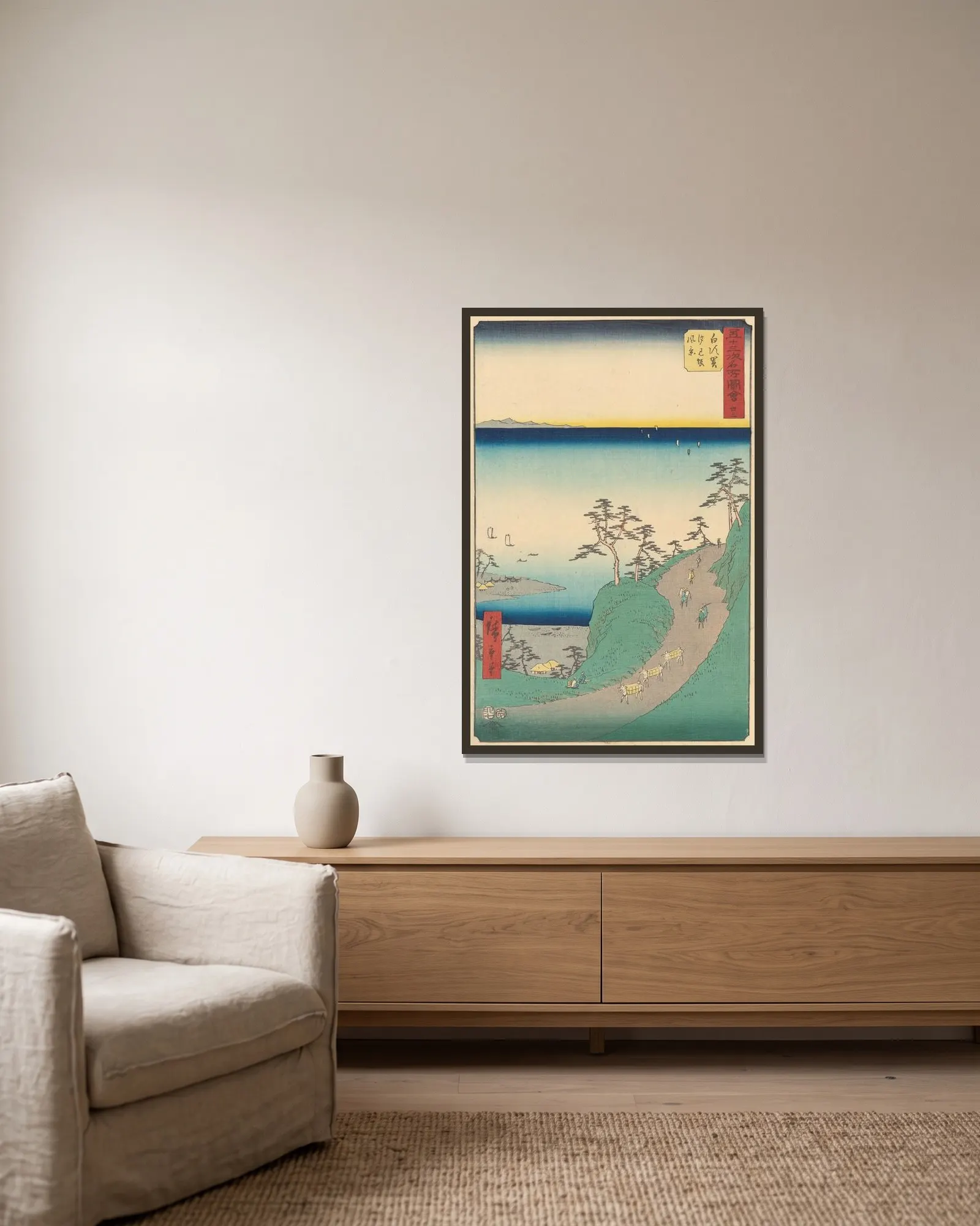 Shirasuka, 1855 av Utagawa Hiroshige inramad på en vägg