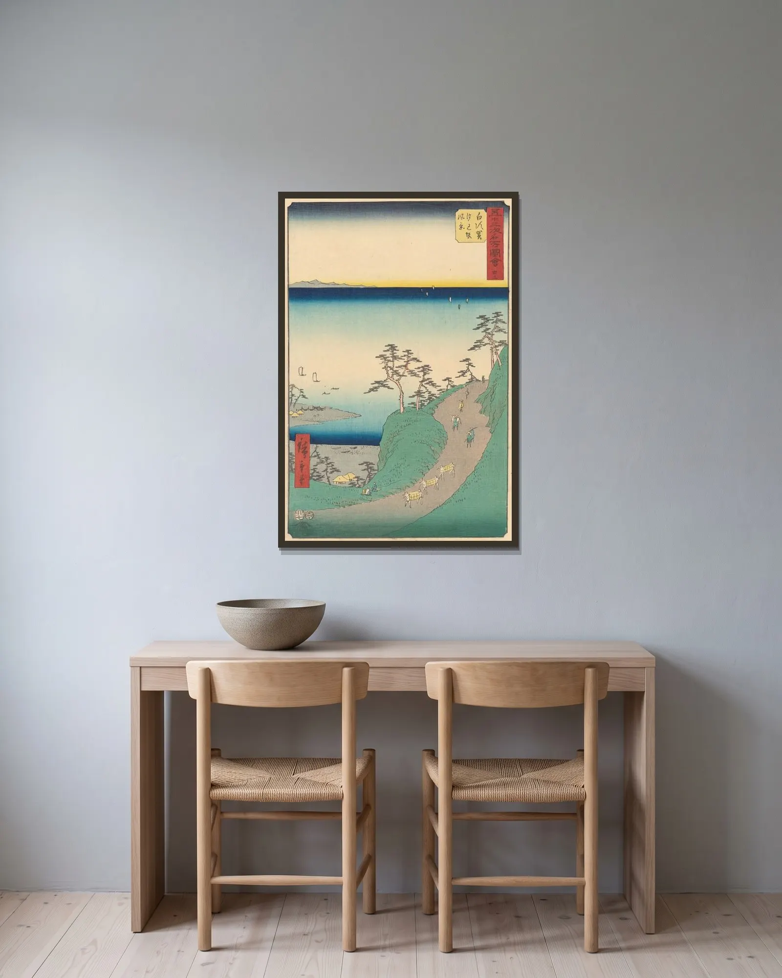 Shirasuka, 1855 av Utagawa Hiroshige inramad på en vägg