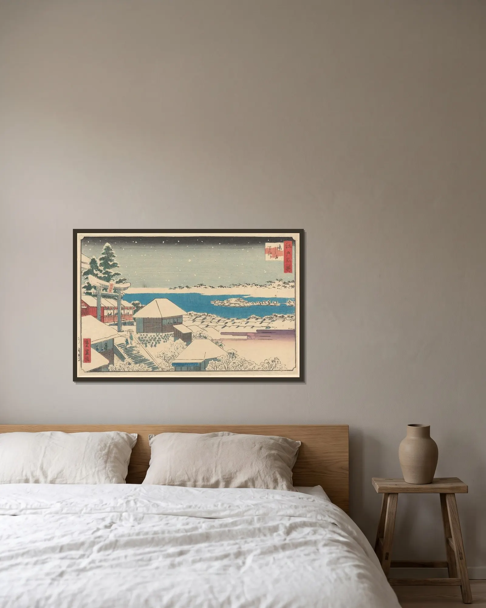 Temple Steps in Snow av Utagawa Hiroshige inramad på en vägg