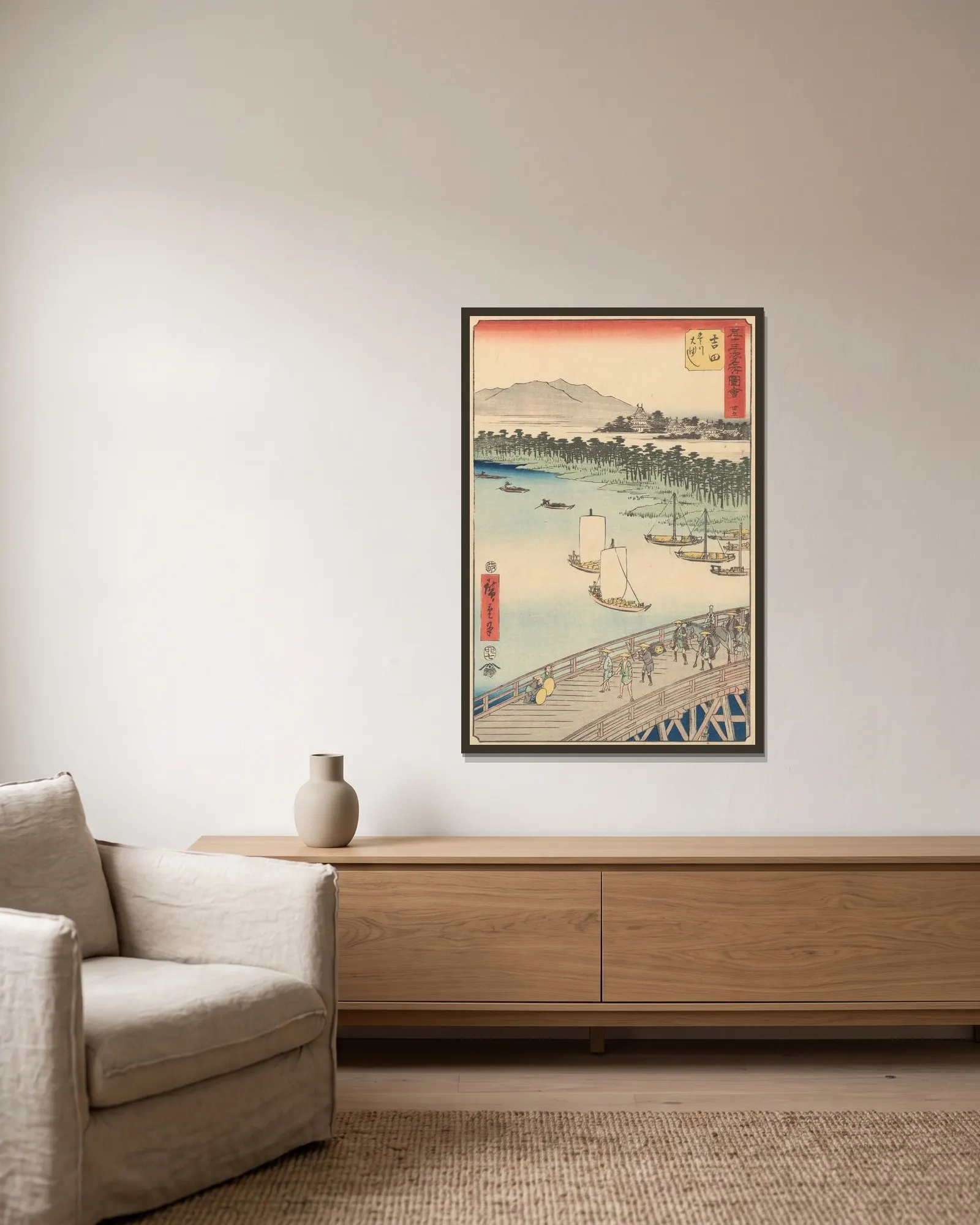 Yoshida av Utagawa Hiroshige inramad på en vägg
