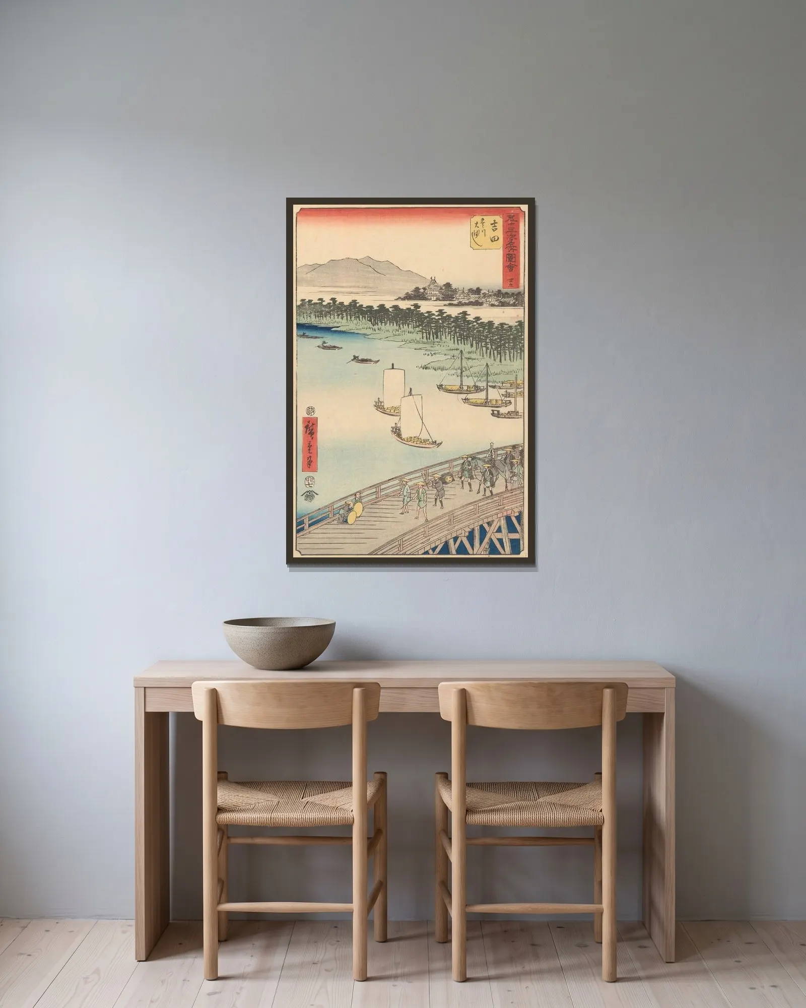 Yoshida av Utagawa Hiroshige inramad på en vägg