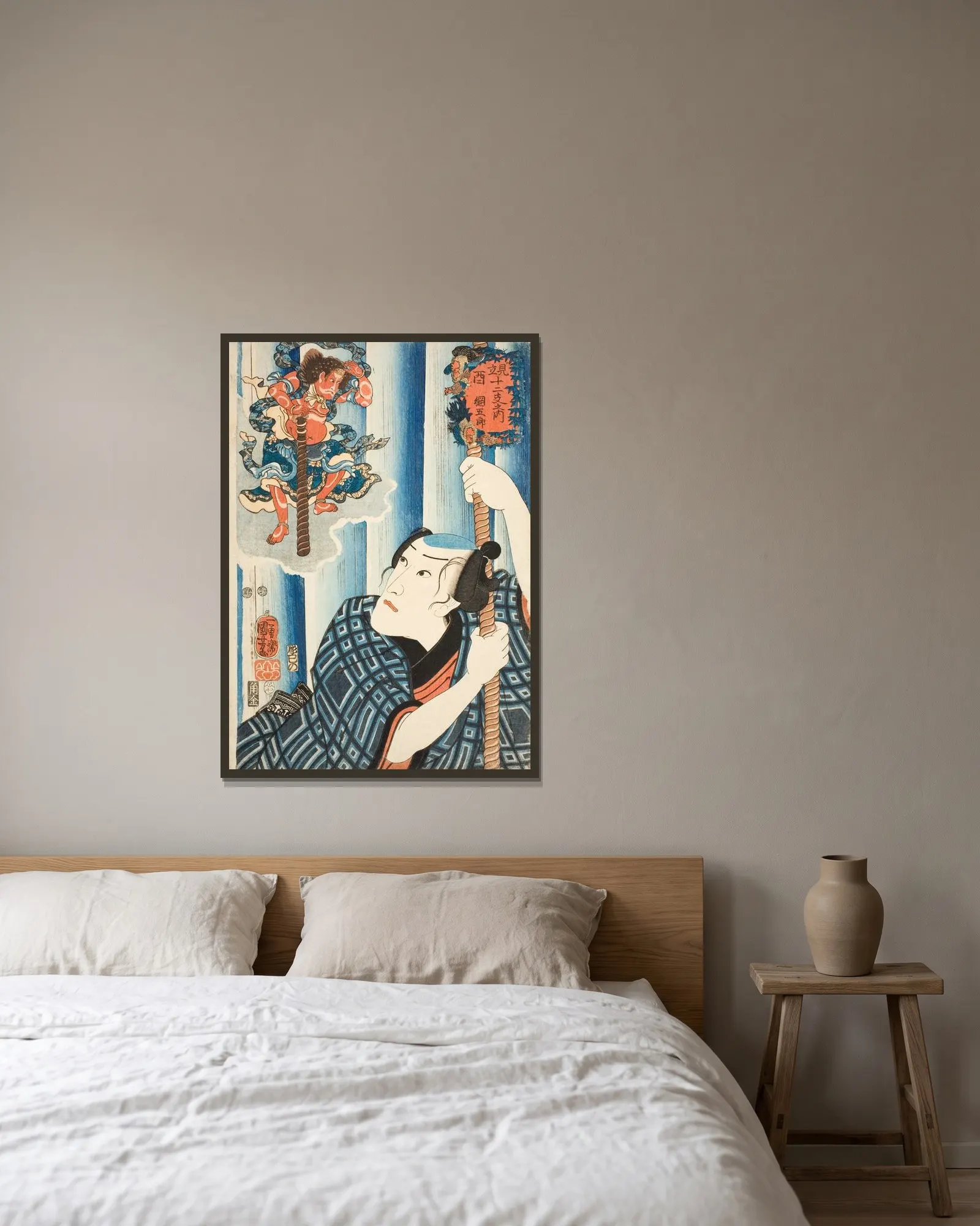 Chicken; Tsunagorō av Utagawa Kuniyoshi inramad på en vägg