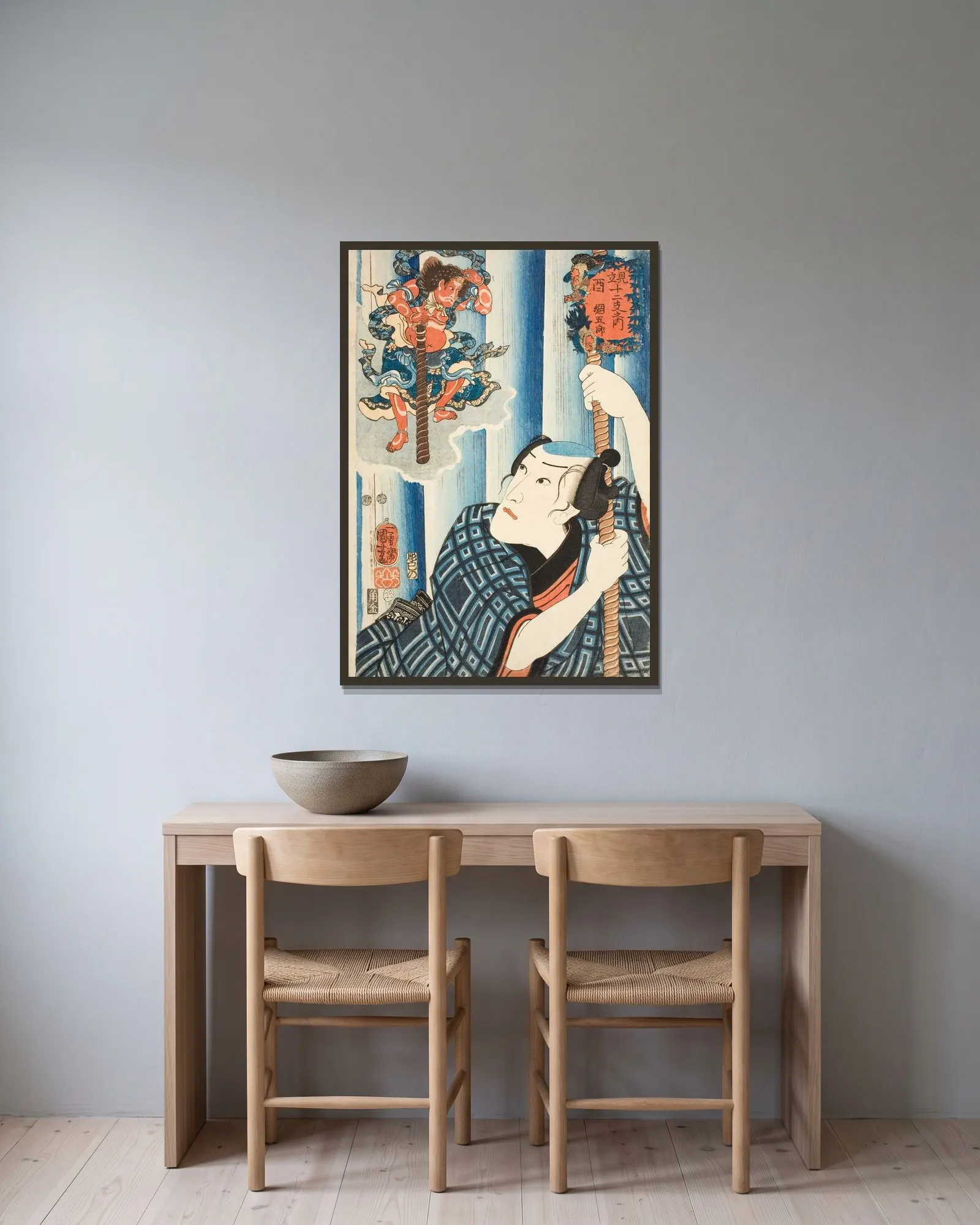 Chicken; Tsunagorō av Utagawa Kuniyoshi inramad på en vägg