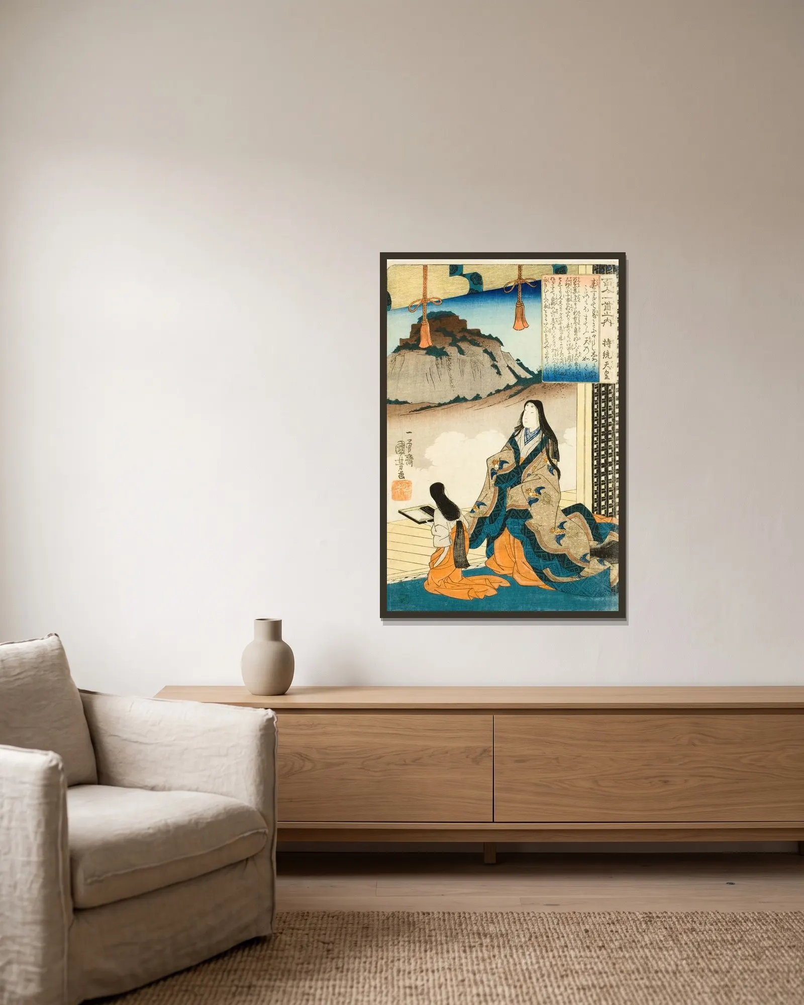 Empress Jitō Tennō av Utagawa Kuniyoshi inramad på en vägg