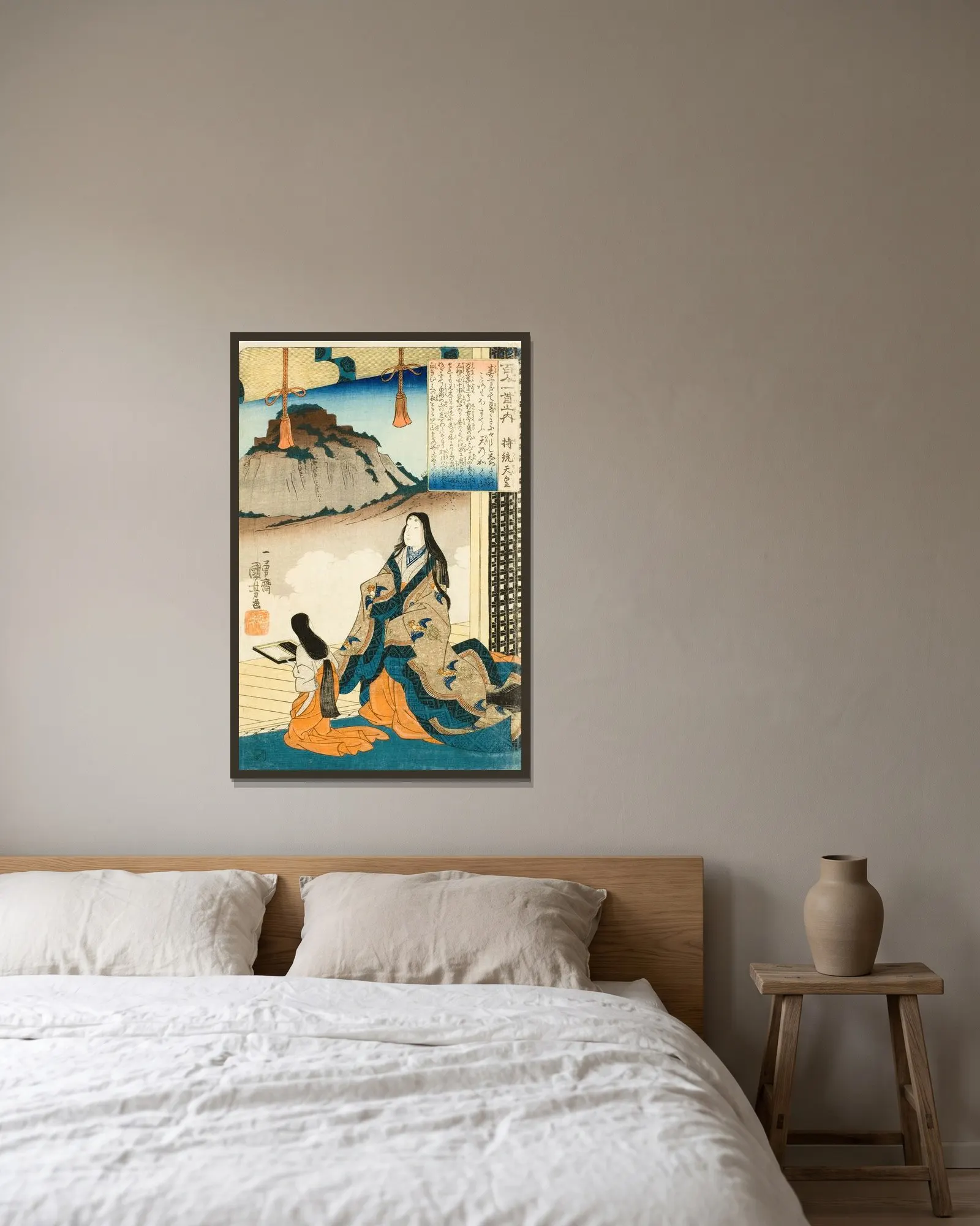 Empress Jitō Tennō av Utagawa Kuniyoshi inramad på en vägg