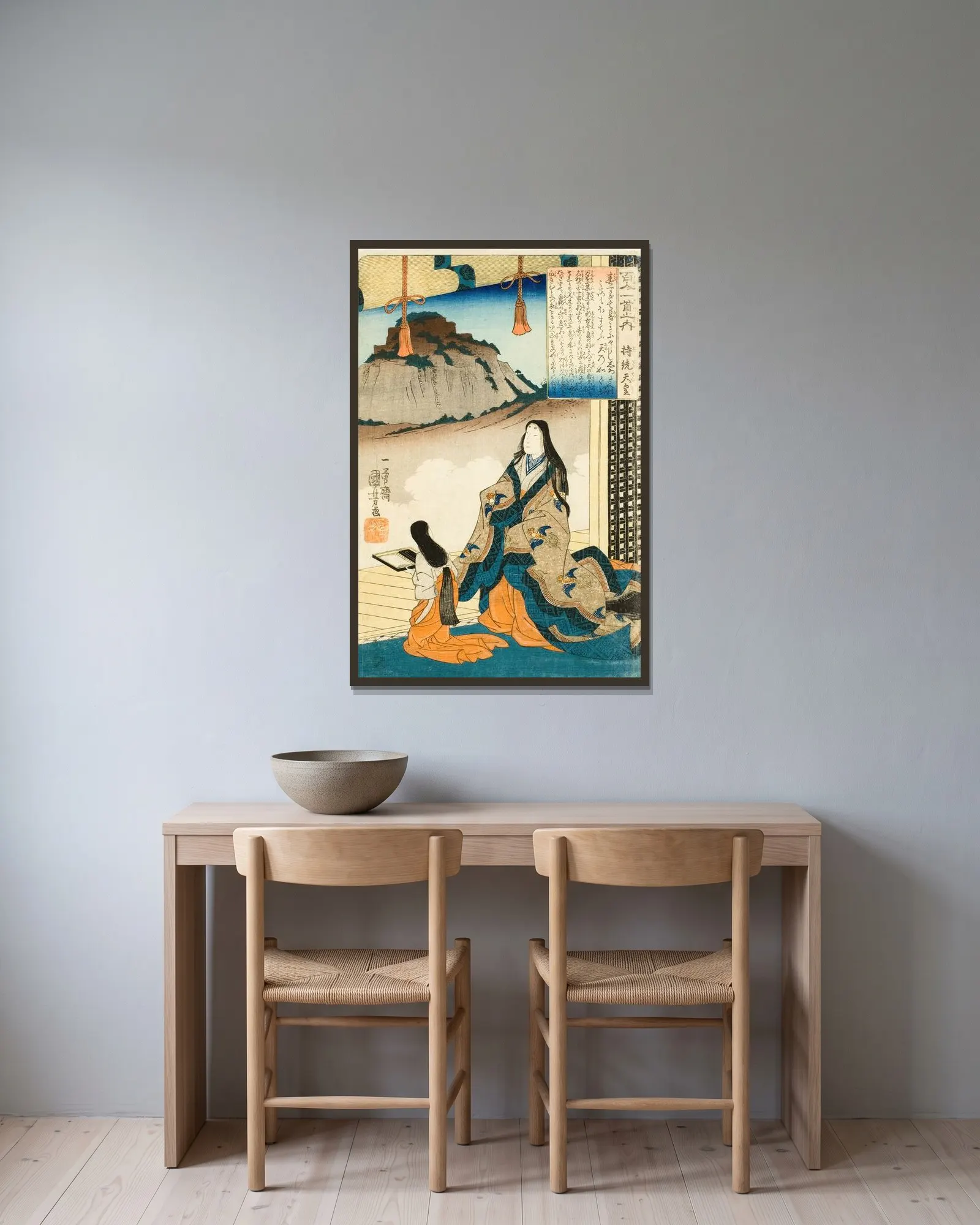 Empress Jitō Tennō av Utagawa Kuniyoshi inramad på en vägg