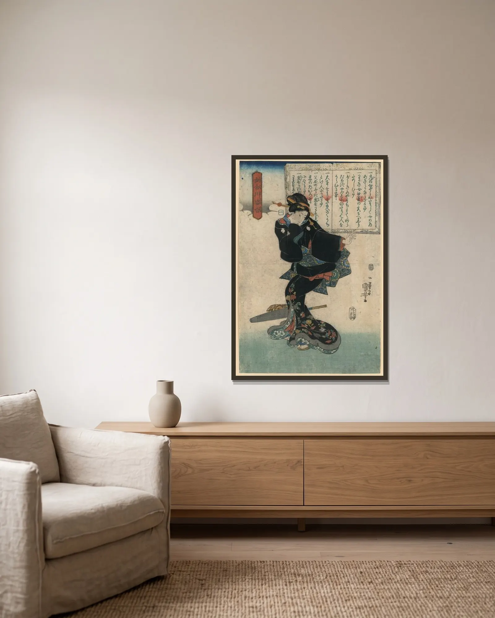 Ichi av Utagawa Kuniyoshi inramad på en vägg