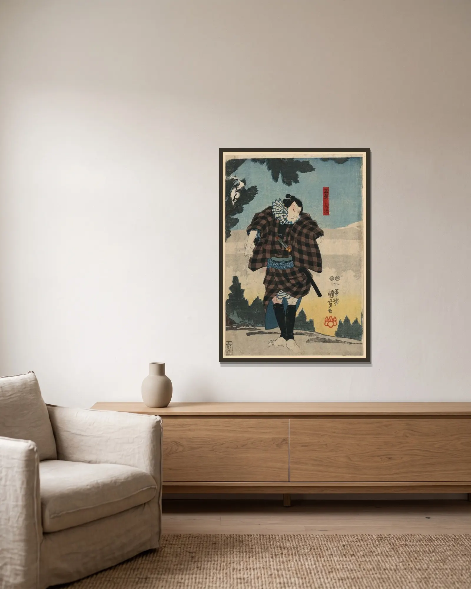 Tamaya yoji av Utagawa Kuniyoshi inramad på en vägg