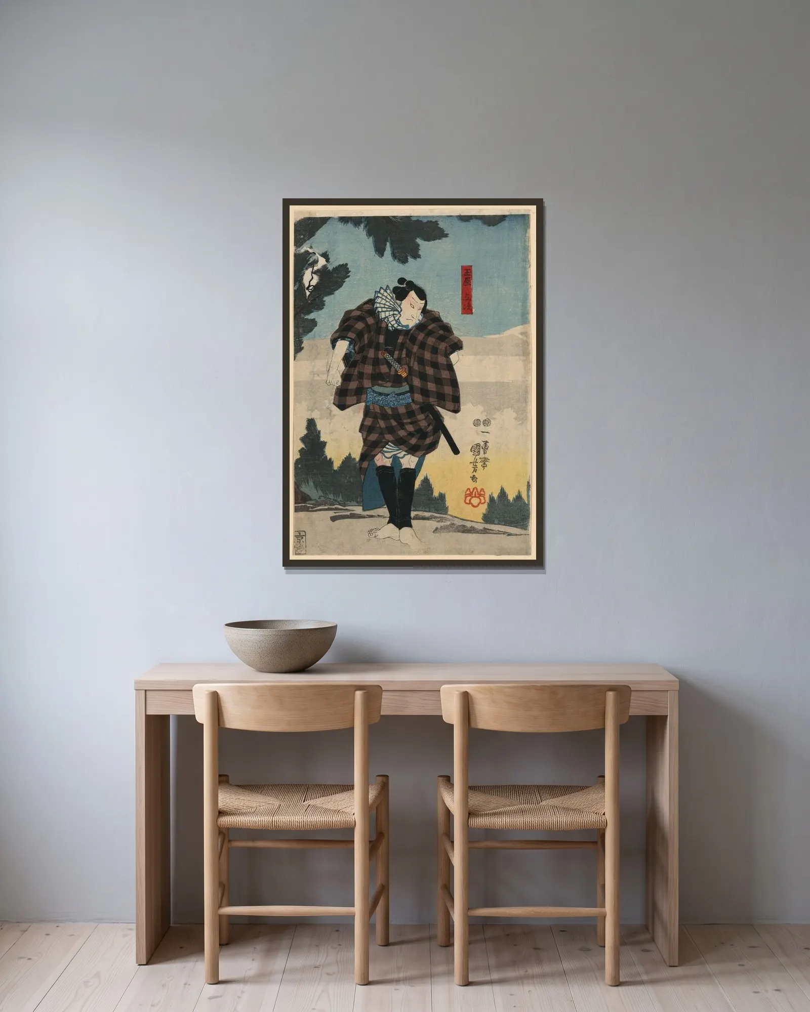 Tamaya yoji av Utagawa Kuniyoshi inramad på en vägg