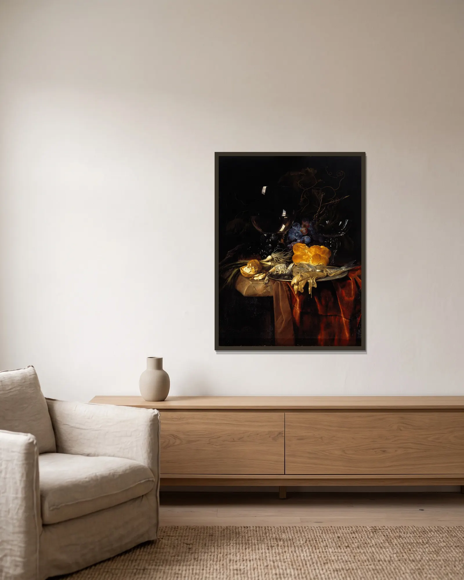 Das Frühstück av Willem van Aelst inramad på en vägg