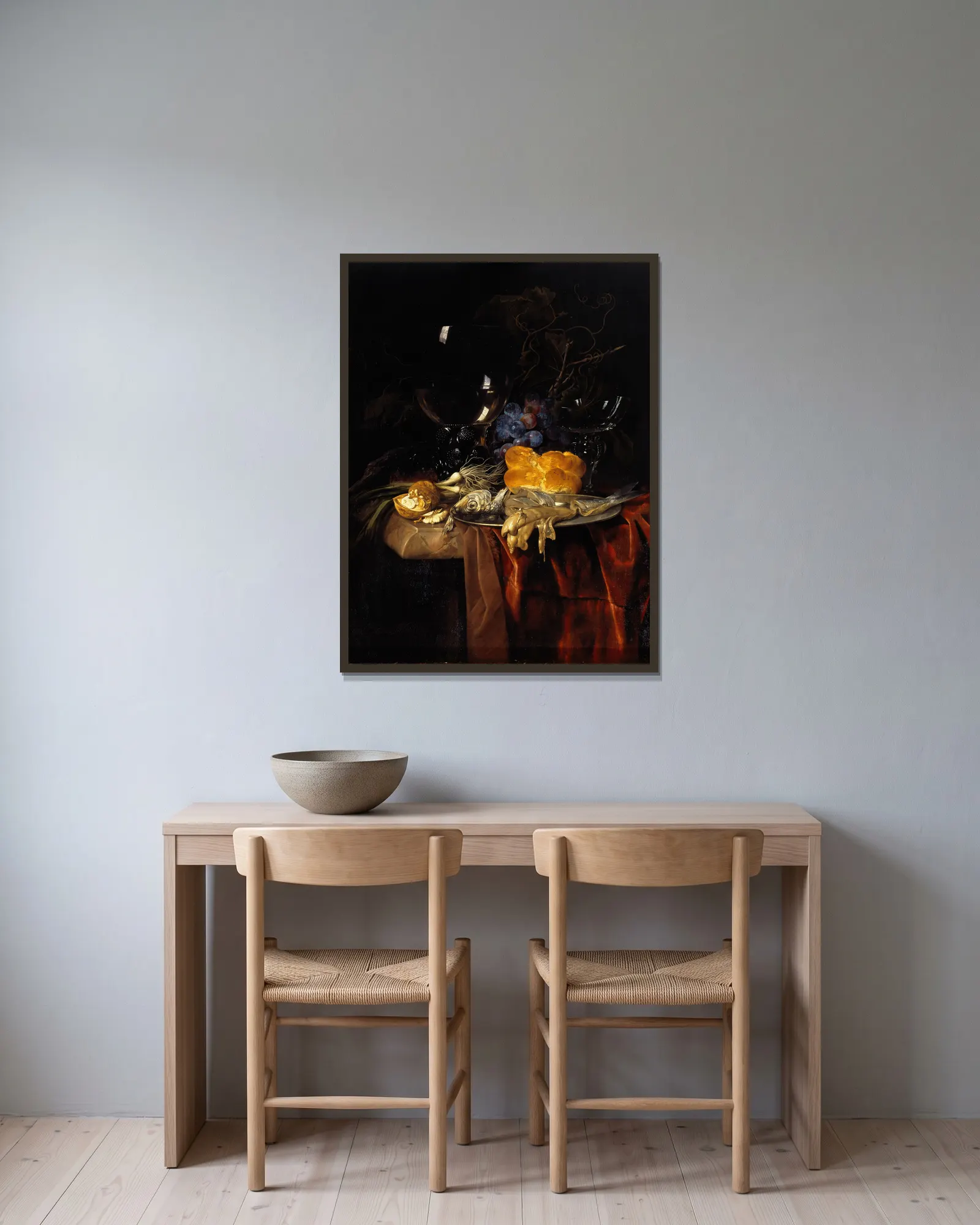 Das Frühstück av Willem van Aelst inramad på en vägg