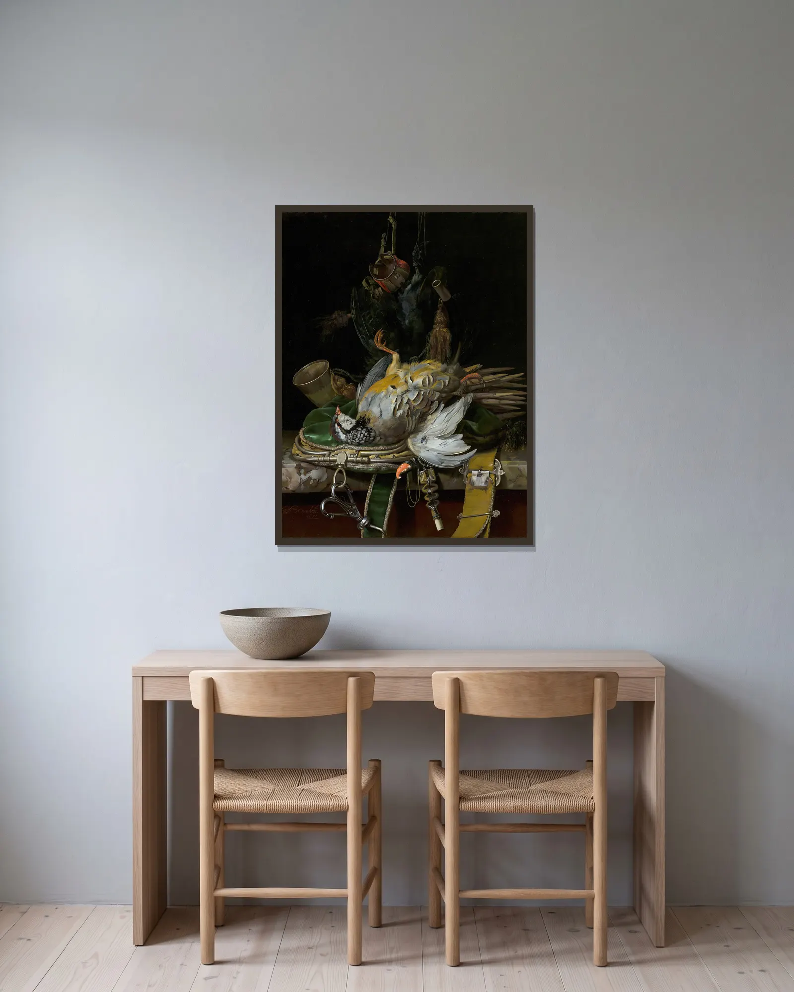 Still Life with Partridges av Willem van Aelst inramad på en vägg