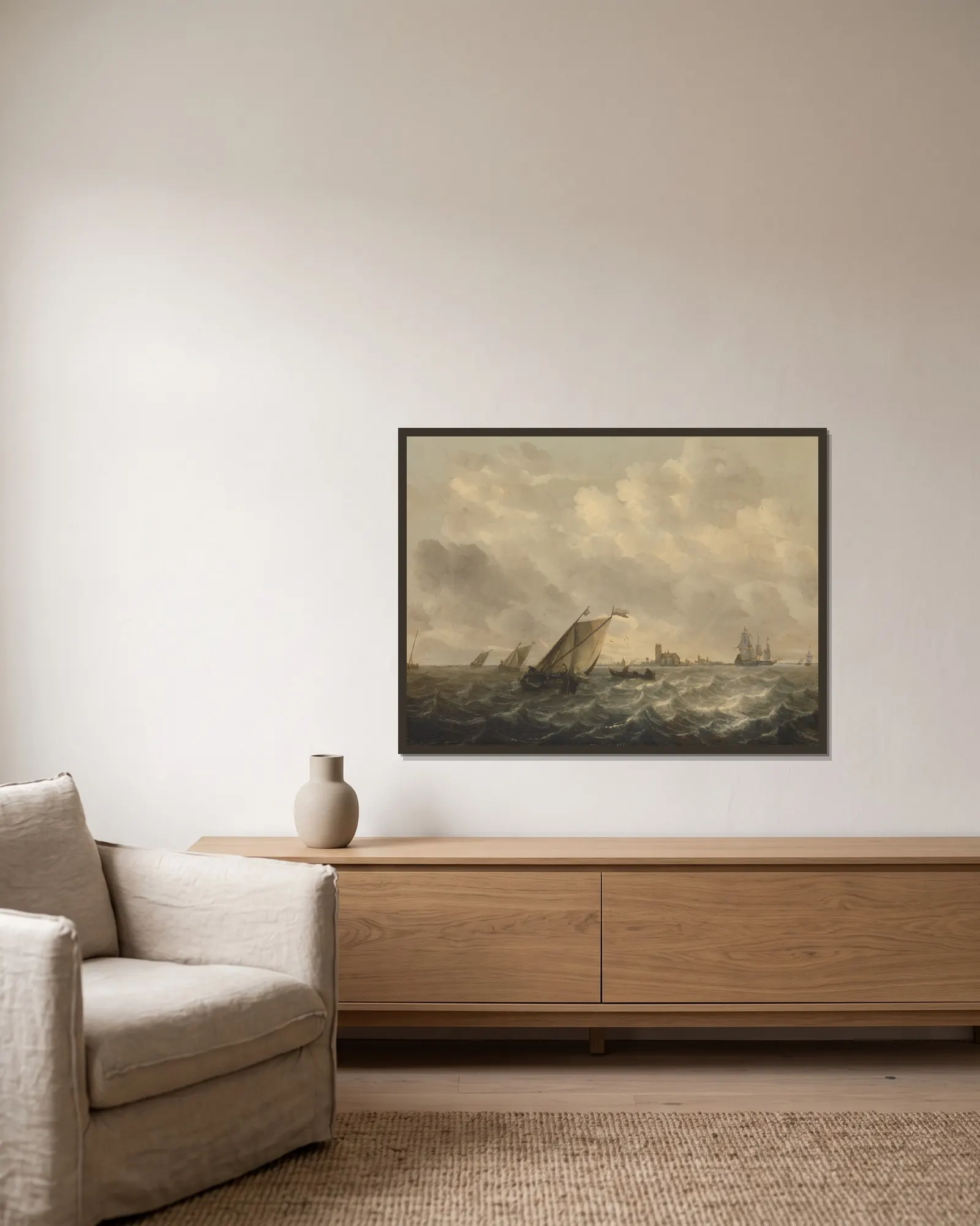 River View av Abraham van Beyeren inramad på en vägg