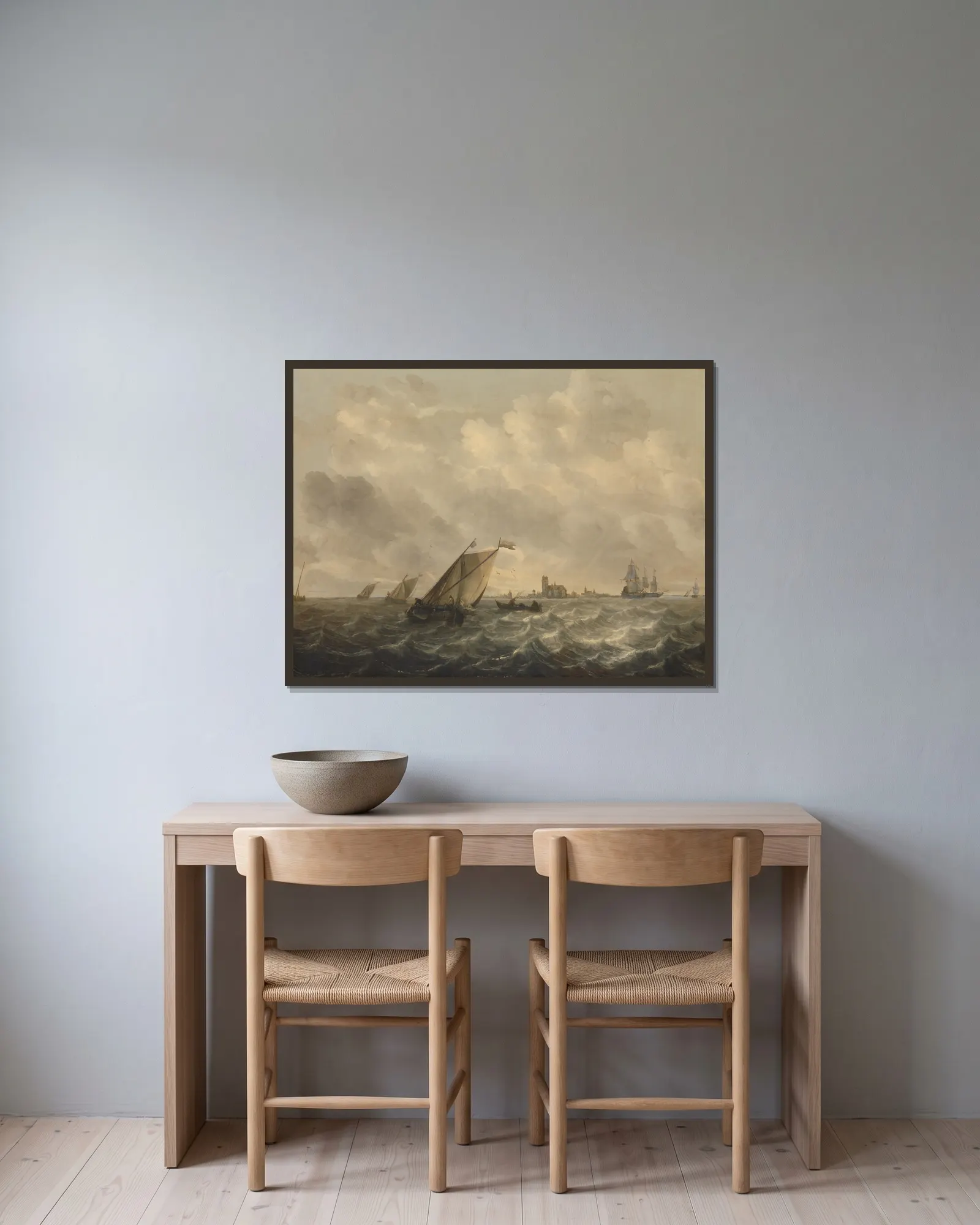 River View av Abraham van Beyeren inramad på en vägg