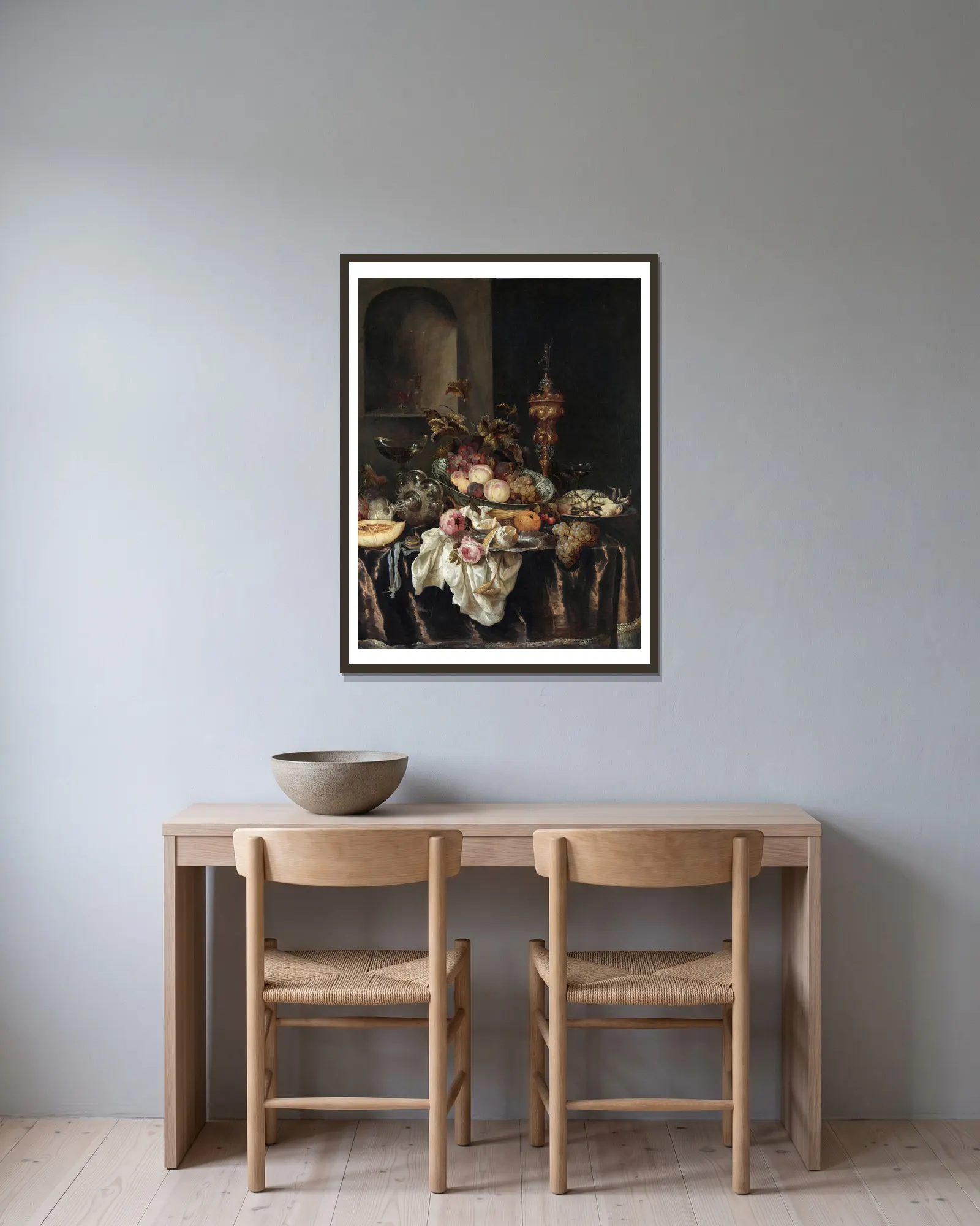 Still Life av Abraham van Beyeren inramad på en vägg