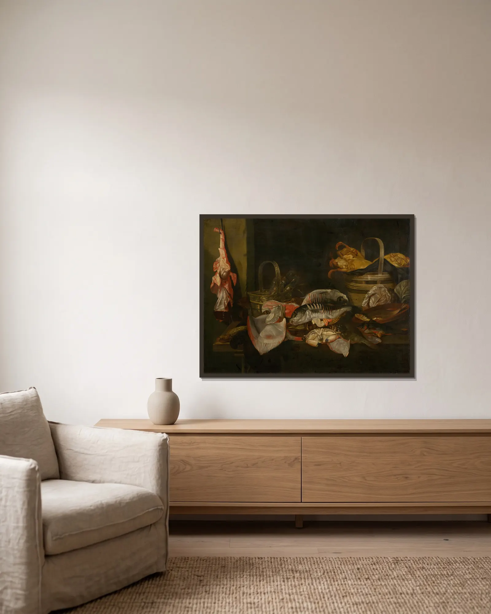 Still Life with Fish, 1660 av Abraham van Beyeren inramad på en vägg