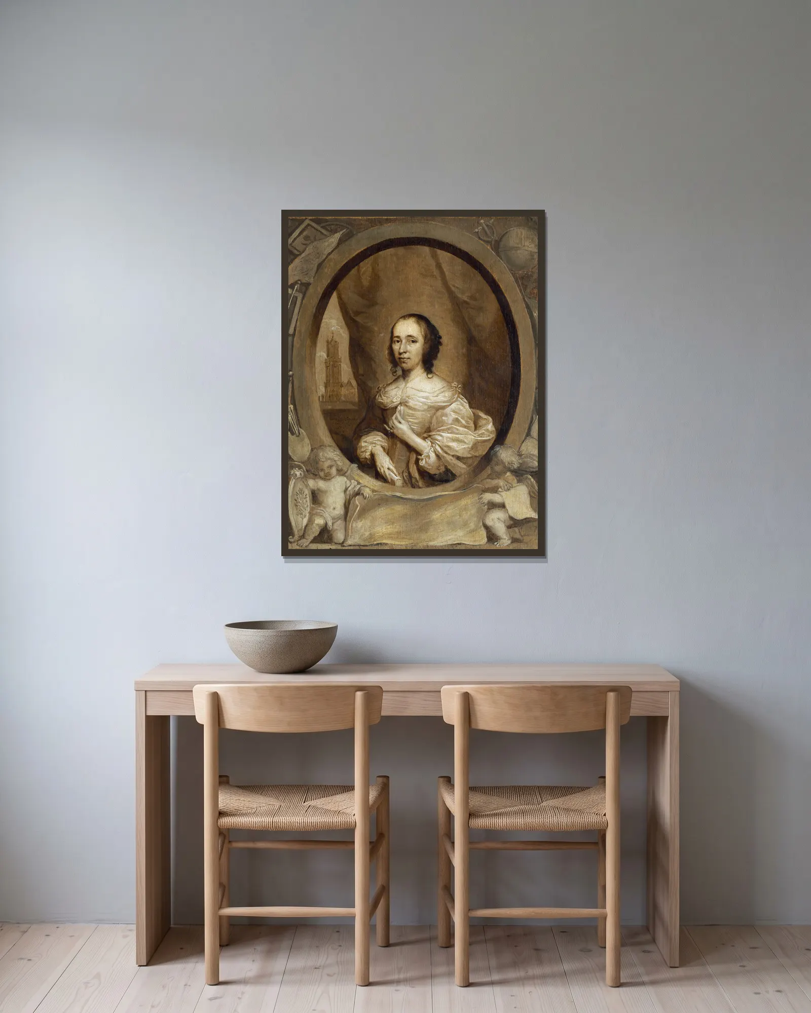 Anna Maria van Schurman av Cornelis Jonson van Ceulen inramad på en vägg