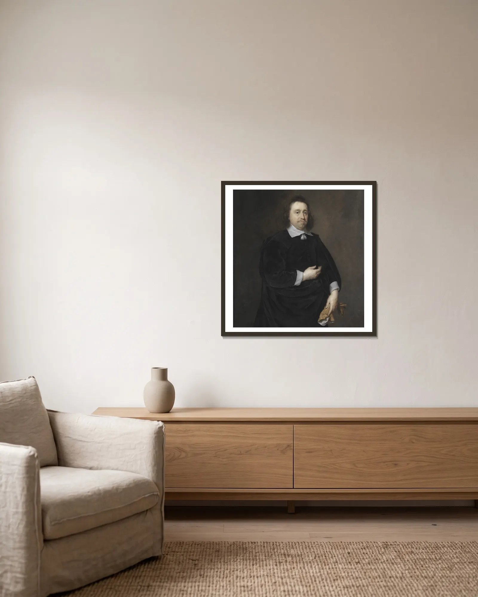 Antoine Charles Parmentier av Cornelis Jonson van Ceulen inramad på en vägg