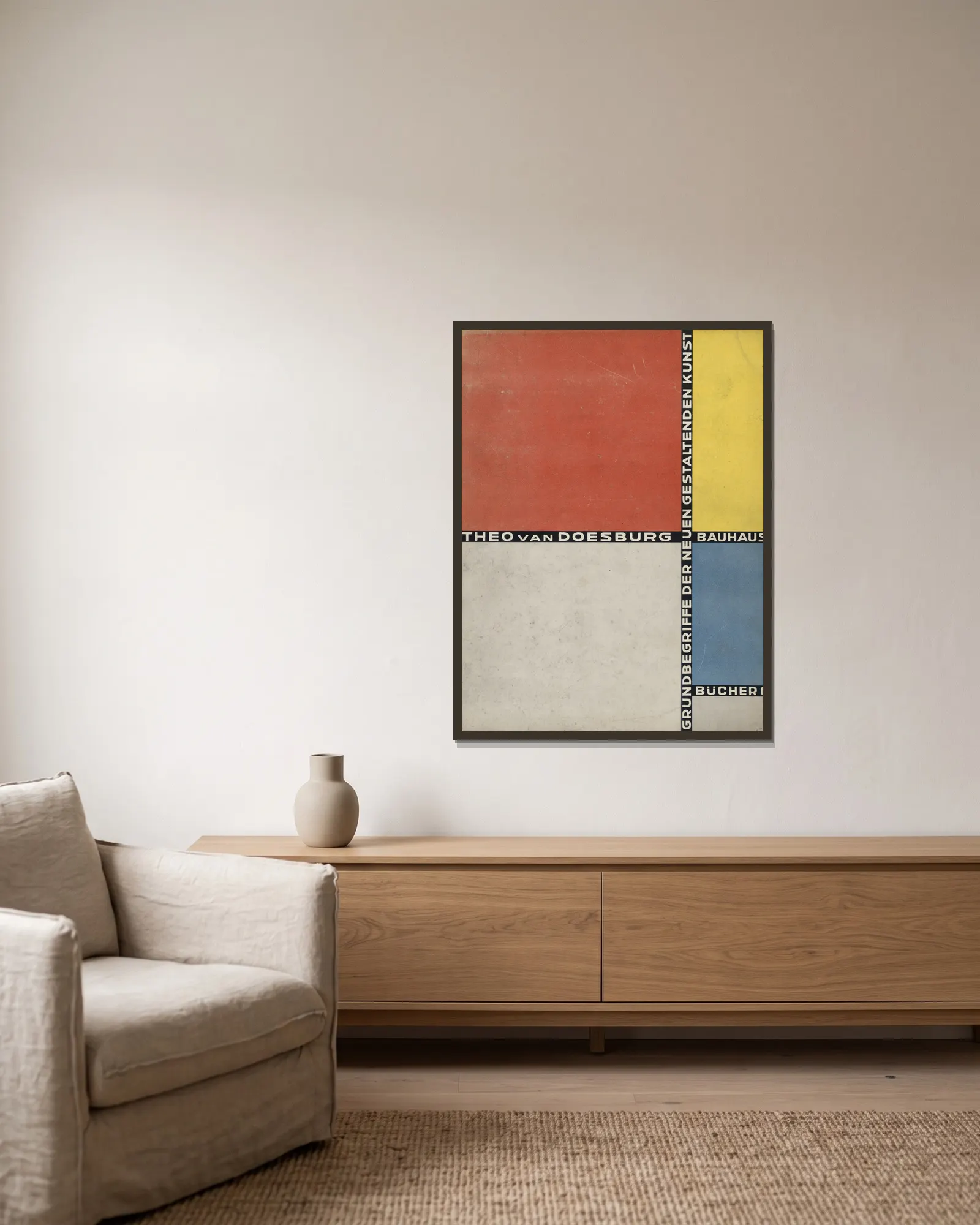 Bauhausbücher 6 av Theo van Doesburg inramad på en vägg
