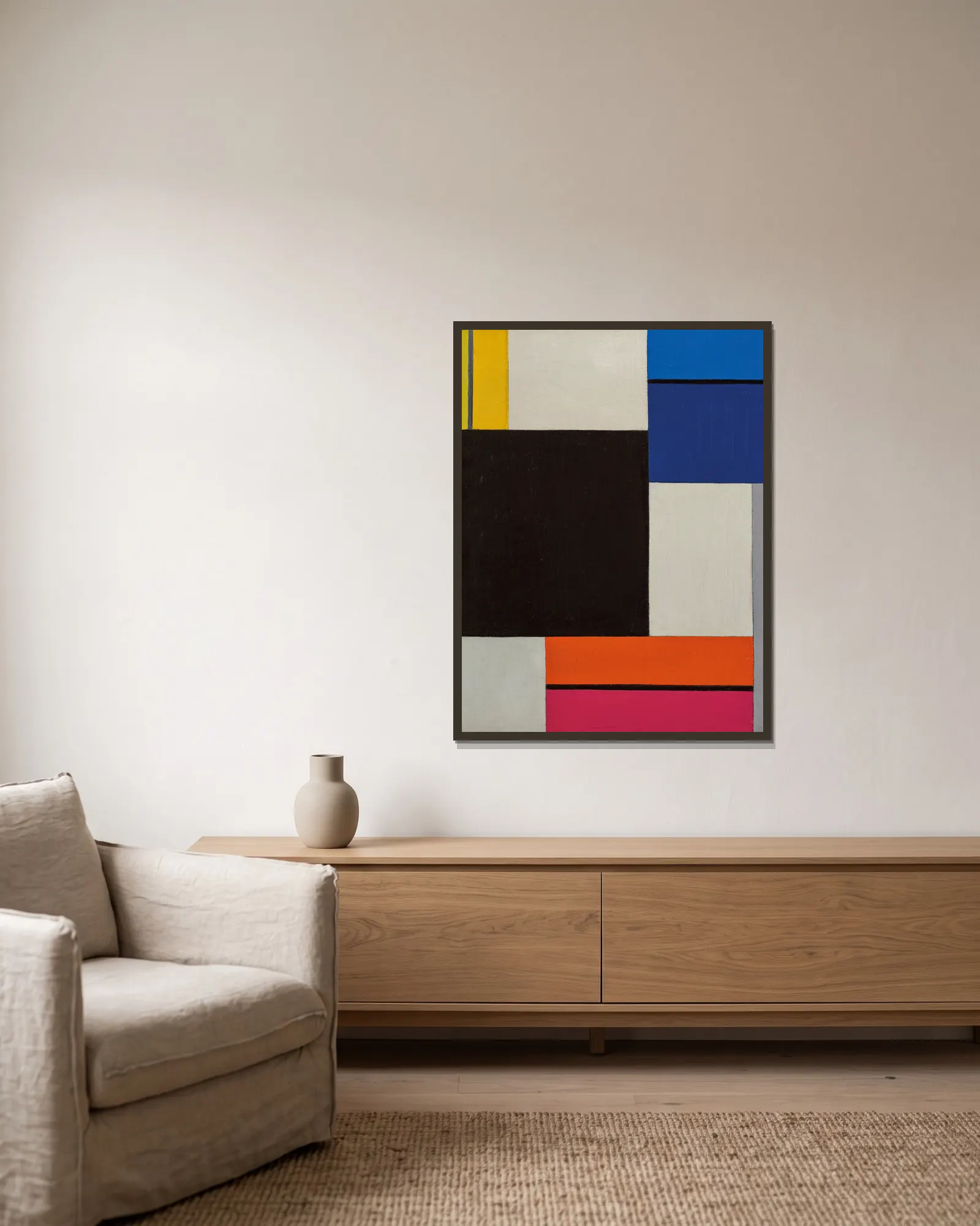 Composition XXI av Theo van Doesburg inramad på en vägg