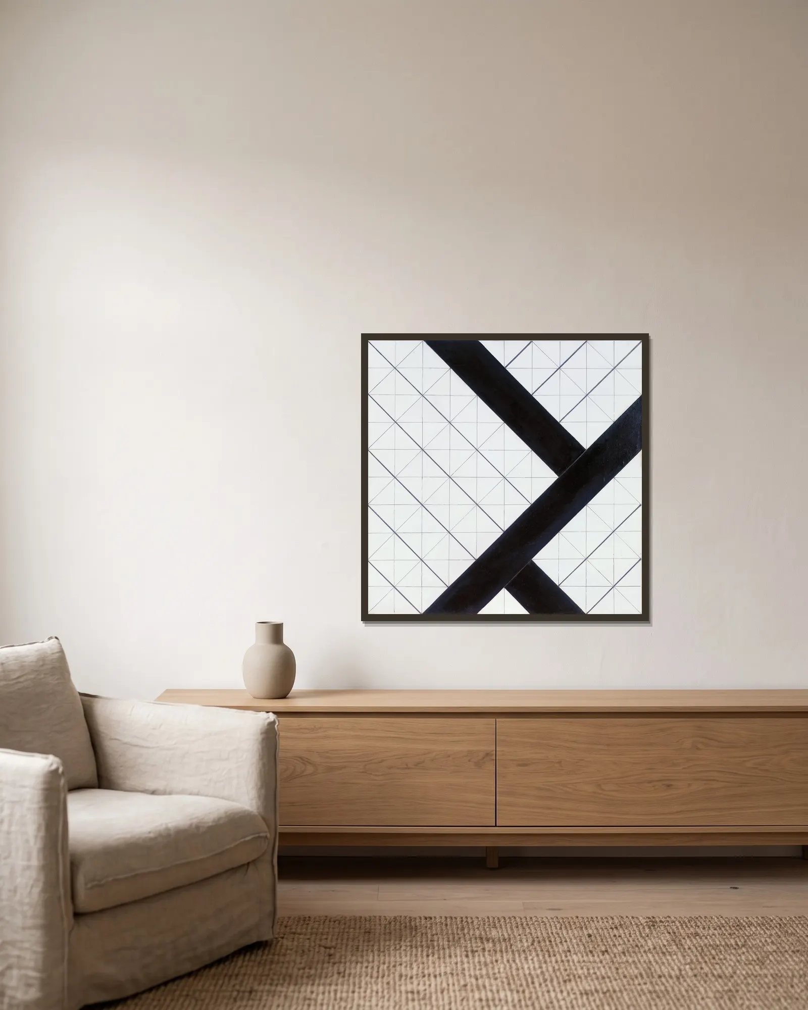 Counter-composition VI. av Theo van Doesburg inramad på en vägg