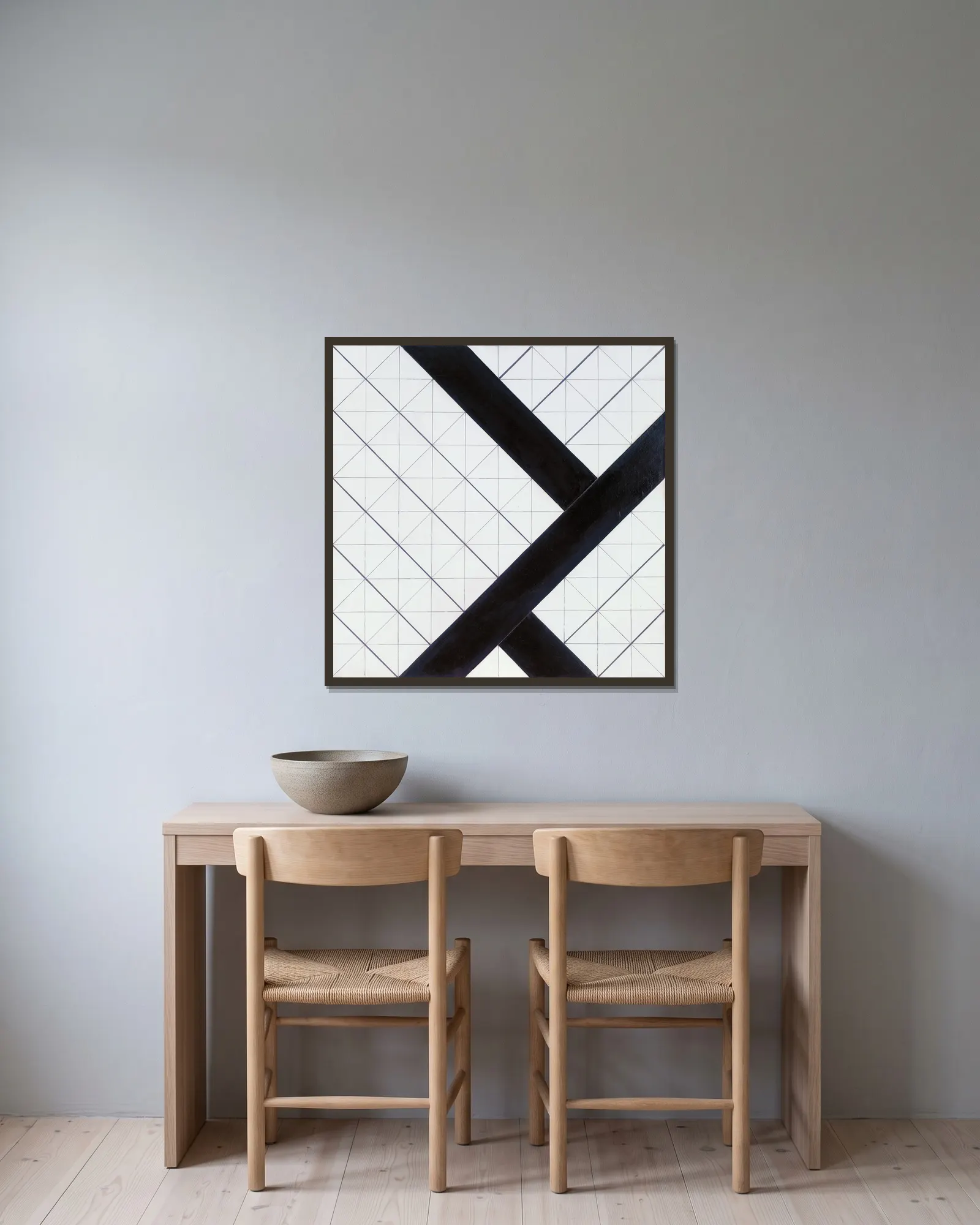 Counter-composition VI. av Theo van Doesburg inramad på en vägg