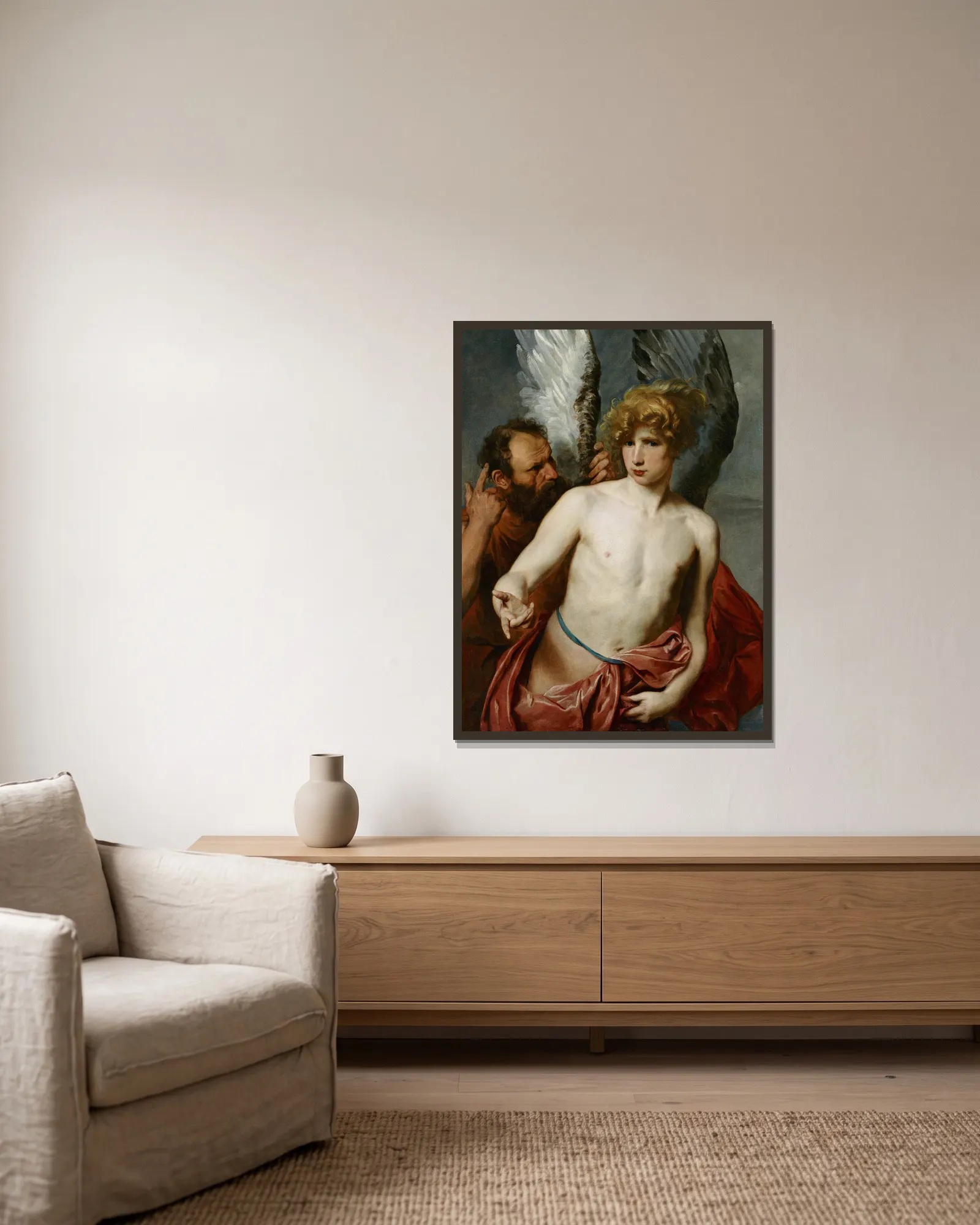 Daedalus And Icarus av Anthony van Dyck inramad på en vägg