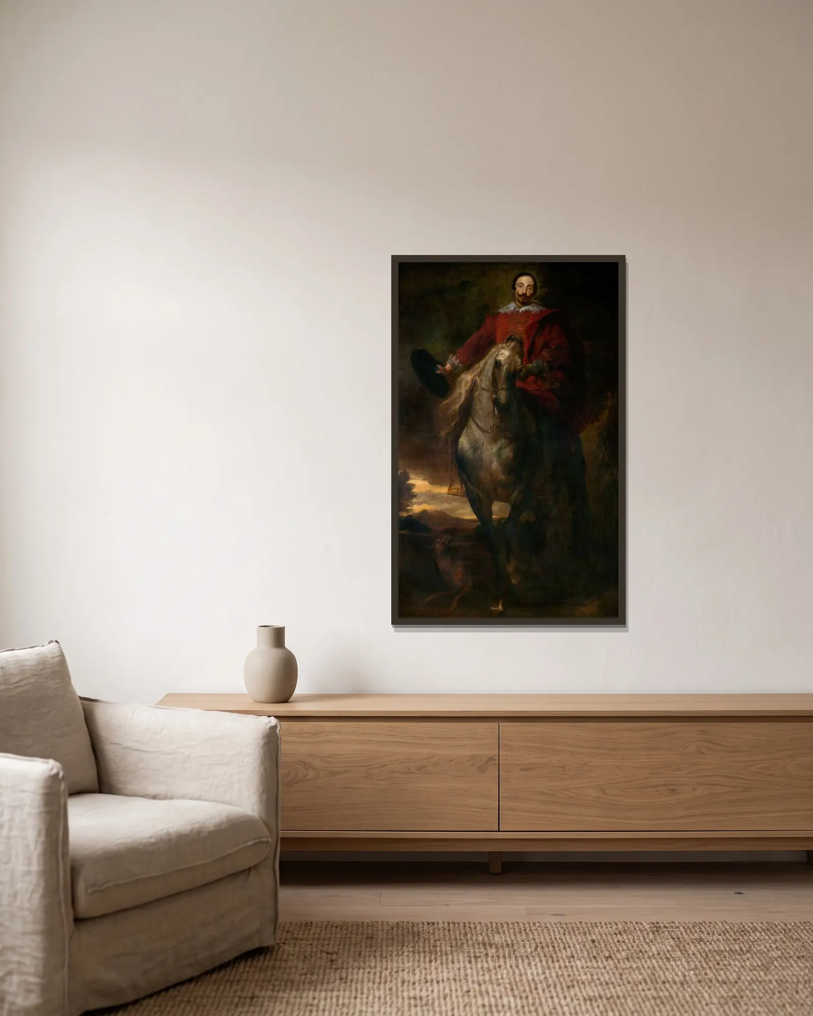 Equestrial Portrait av Anthony van Dyck inramad på en vägg